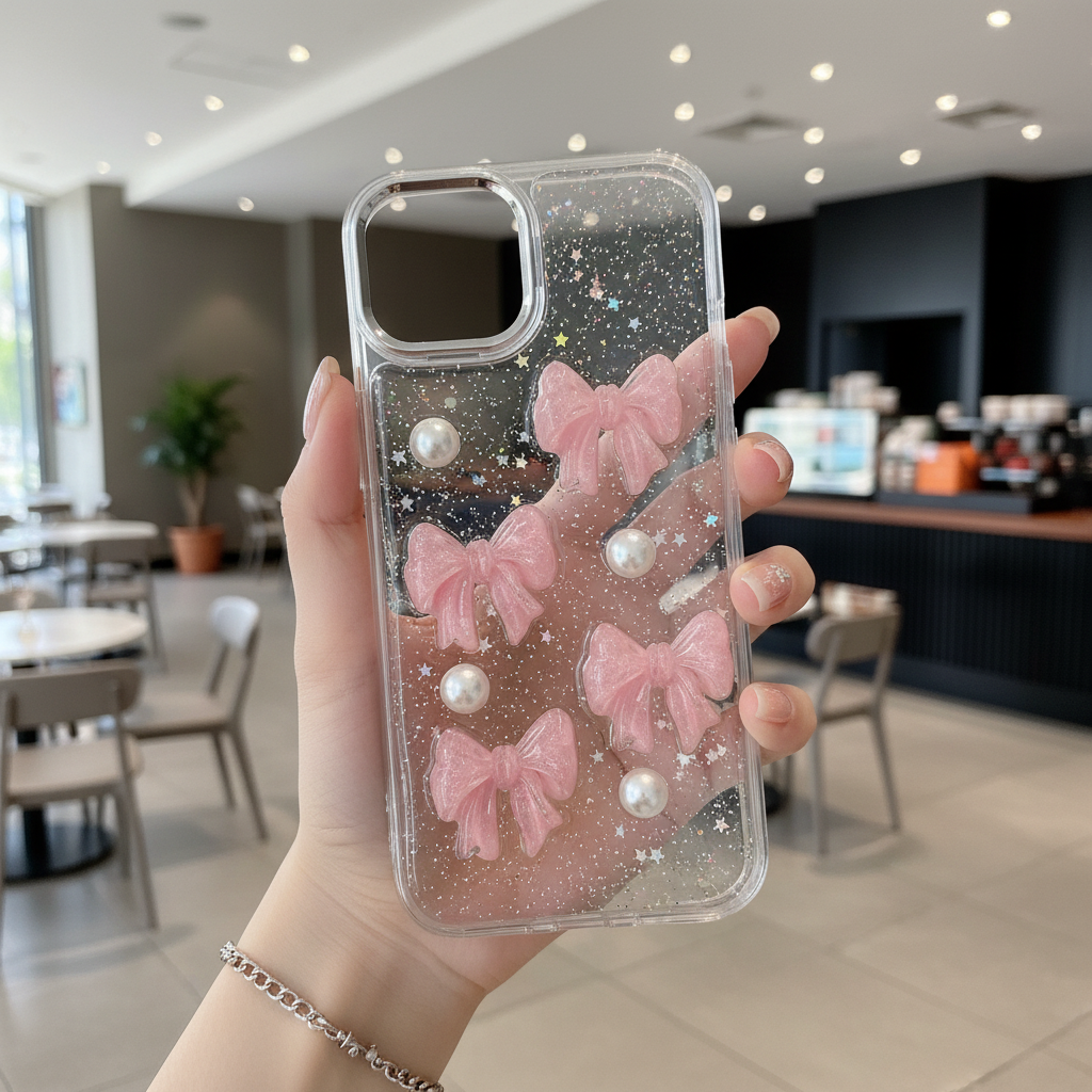 Sweet Kiss Bow & Pearl Star Silicone Case - Phone Case For iPhone 14