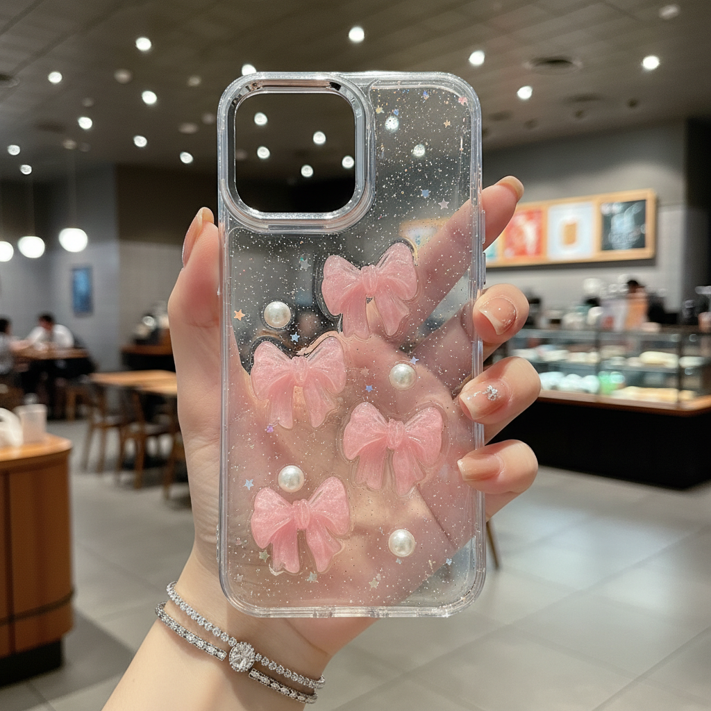 Sweet Kiss Bow & Pearl Star Silicone Case - Phone Case For iPhone 14