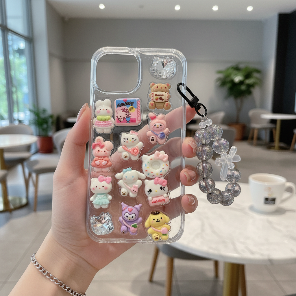 A hand holds a clear phone case decorated with multiple cute 3D cartoon character charms, shown in a cafe setting with a matching clear beaded phone strap attached.