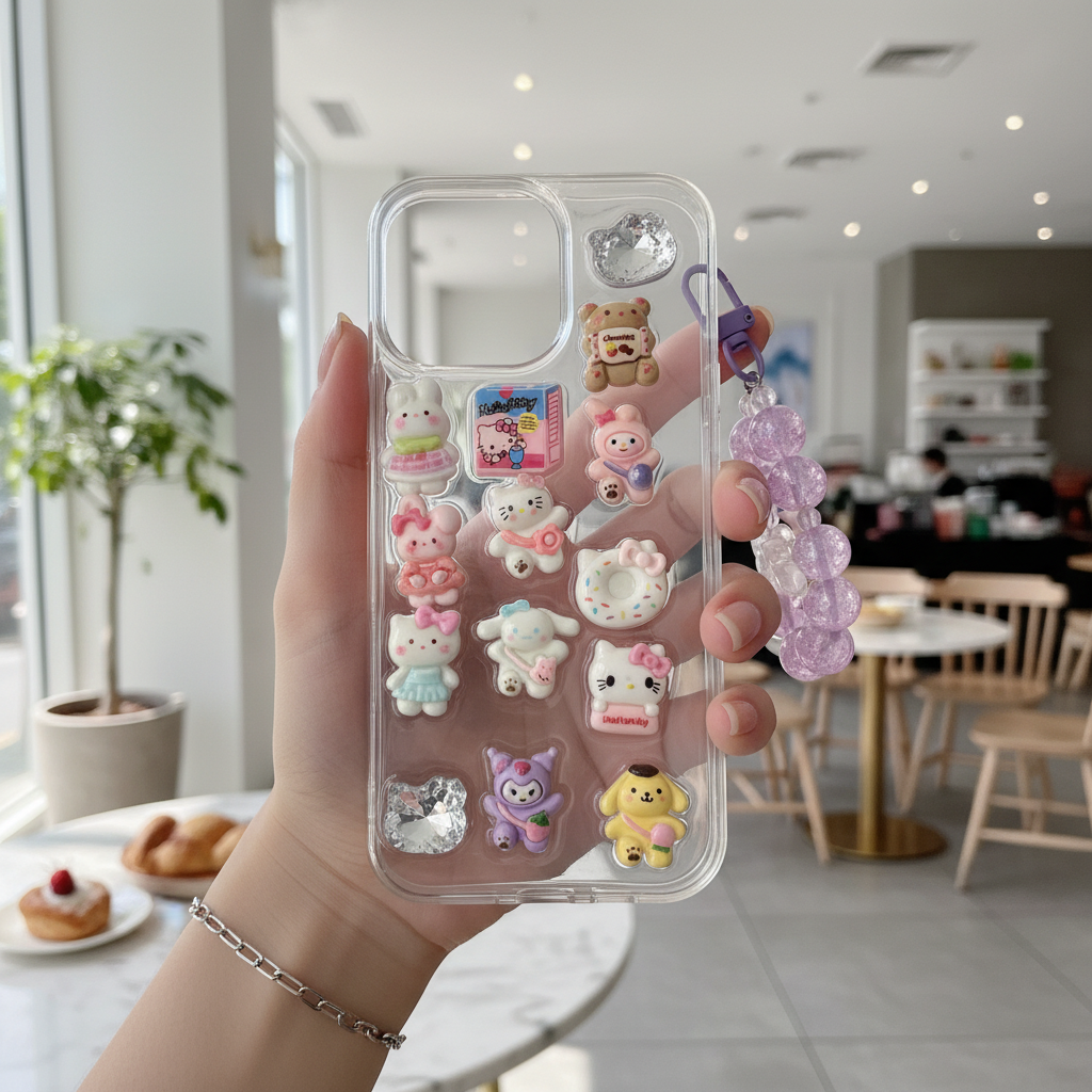 Kawaii 3D Cartoon Case with Pink Bead Strap - Phone Case For iPhone 14