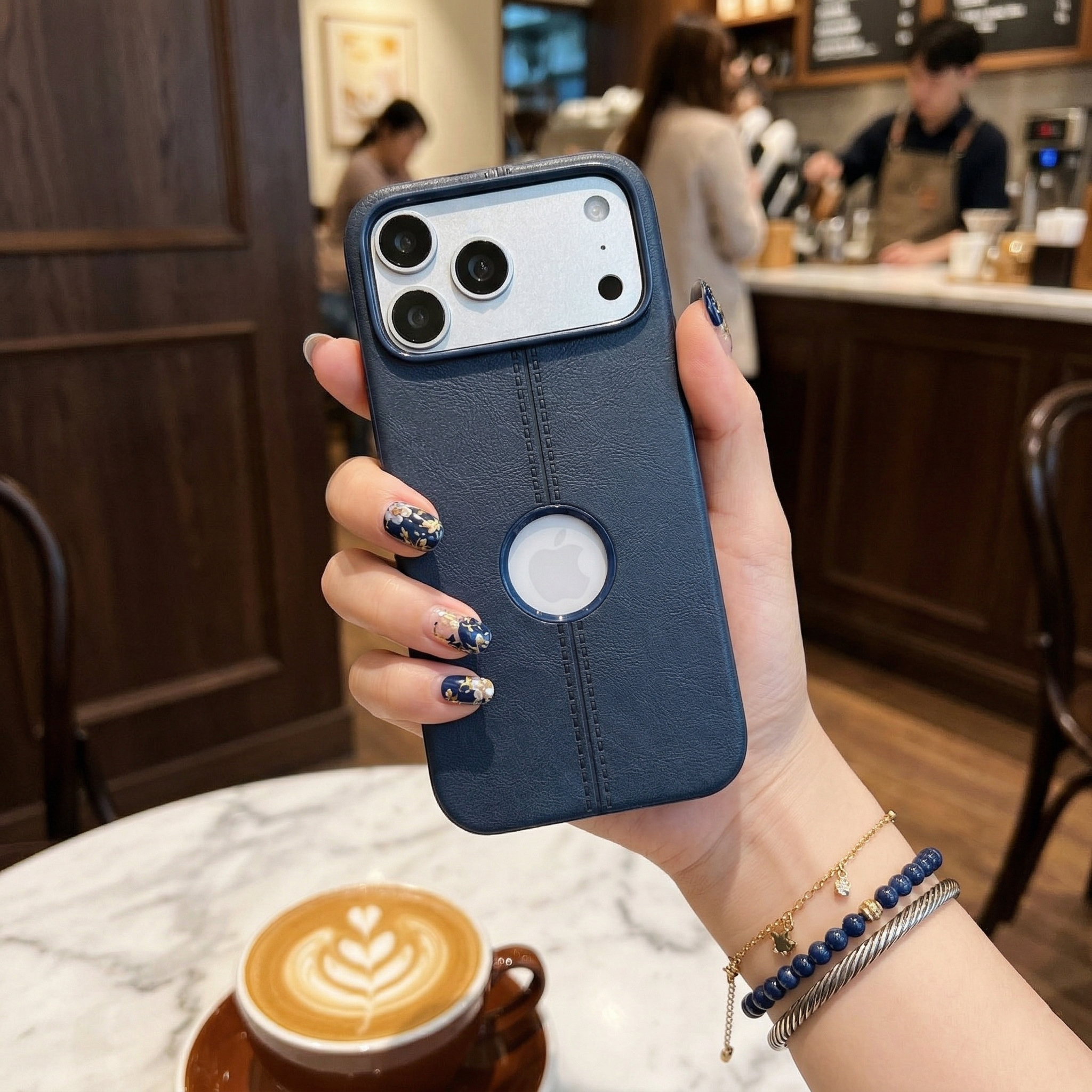 Classic Blue Leatherette Case - Aesthetic Minimalist Professional Design with Apple Logo Cutout