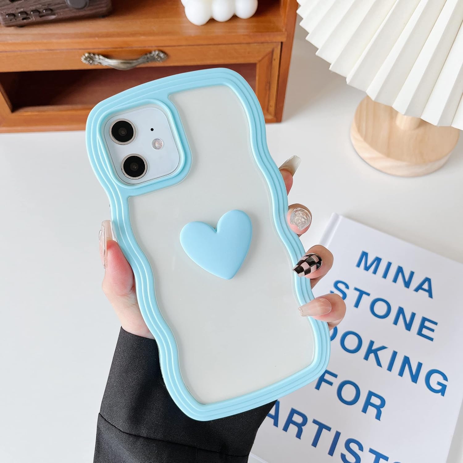 Cute Clear 3D Love Blue Heart Wavy Frame Silicon Phone Cases For iPhone 15