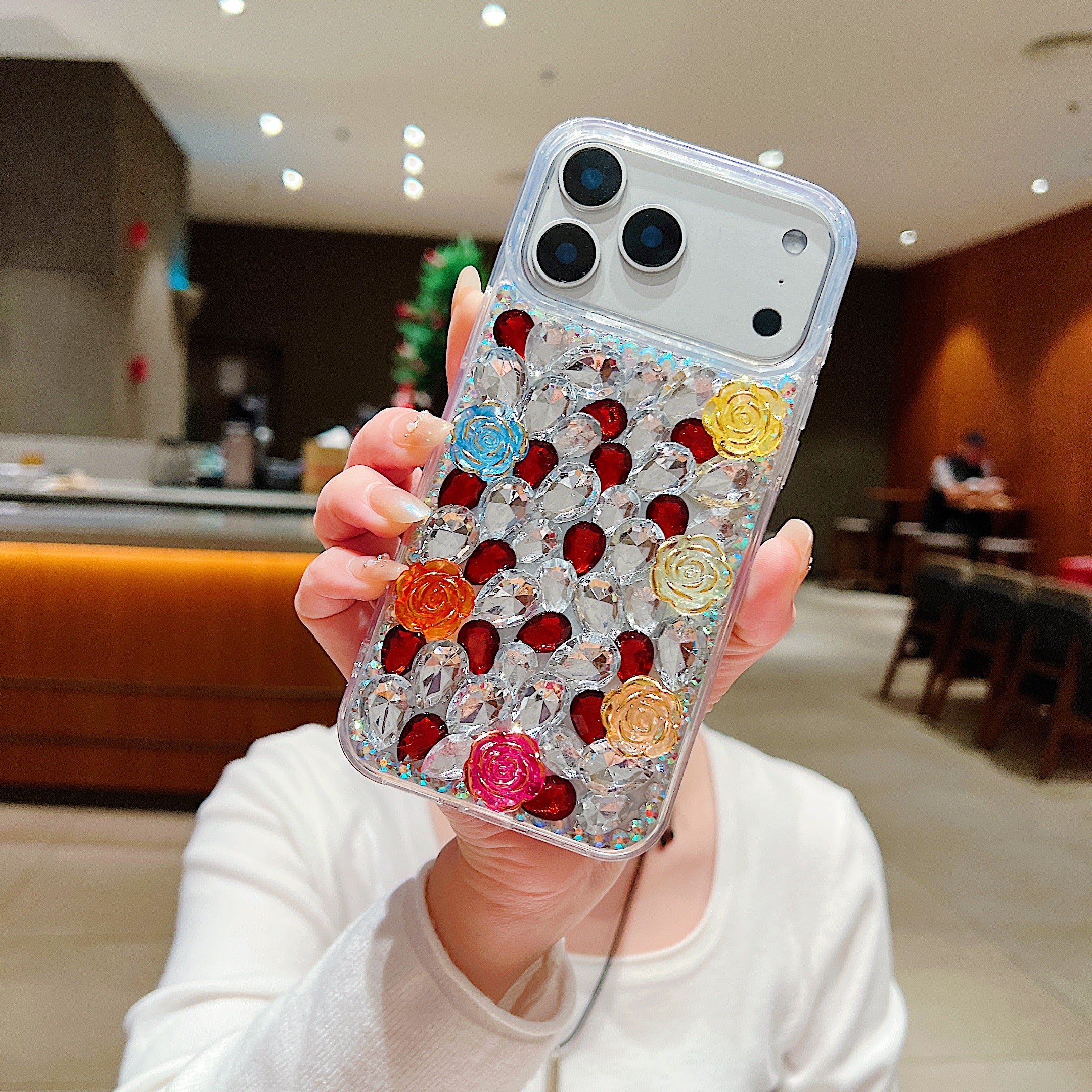 Rainbow Rose Crystal Phone Case – 3D Multicolor Flower & Diamond Gem Case For iPhone 17