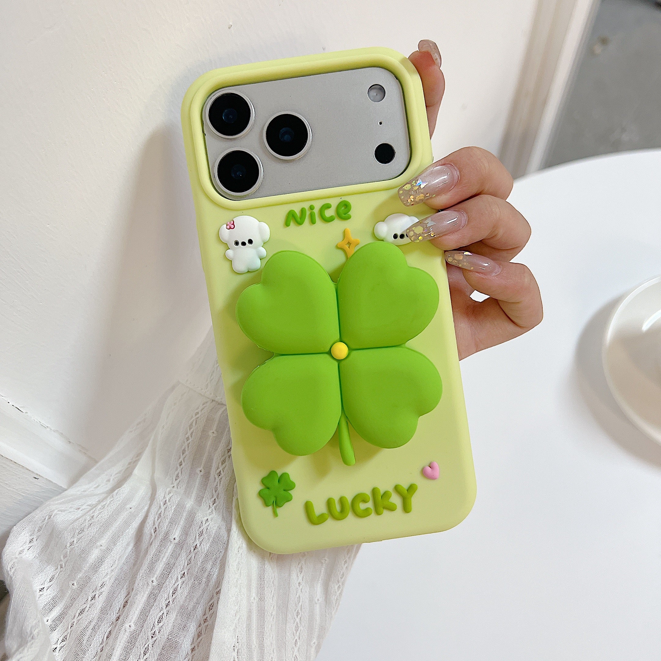 3D Green Clover 'Lucky & Nice' Cute Cartoon Design Silicone Phone Case For iPhone 17 Pro