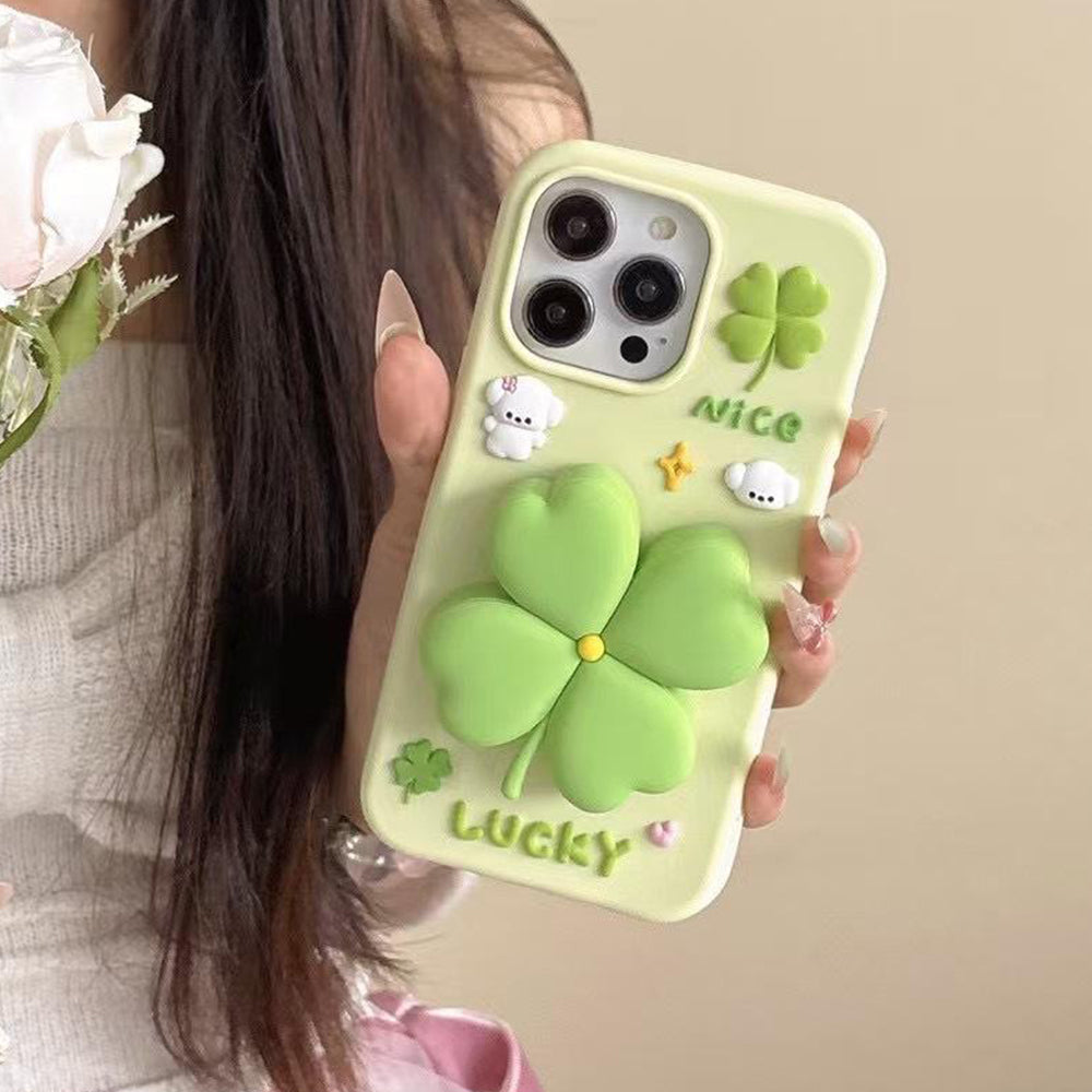 3D Green Clover 'Lucky & Nice' Cute Cartoon Design Silicone Phone Case For iPhone 17