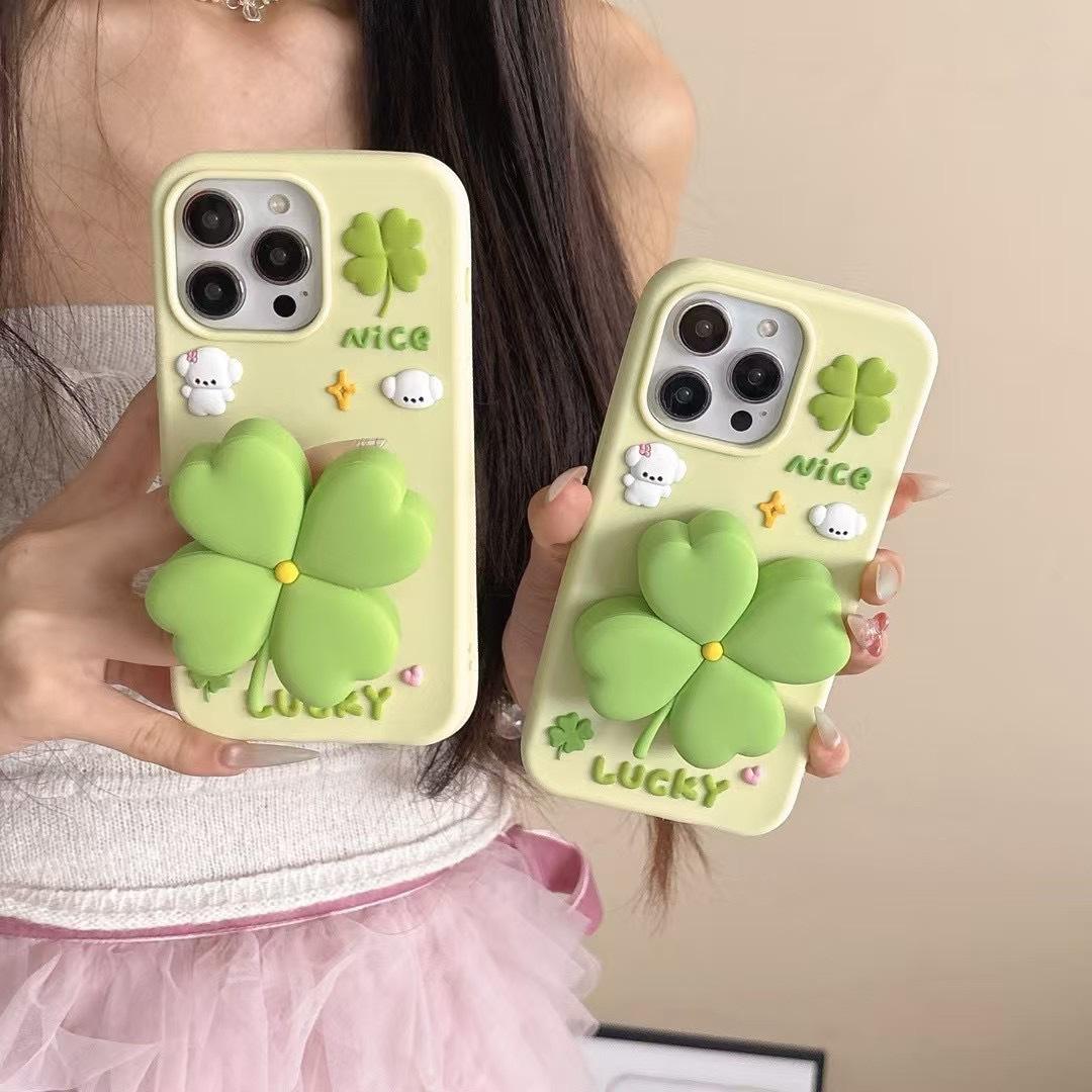 3D Green Clover 'Lucky & Nice' Cute Cartoon Design Silicone Phone Case For iPhone 17