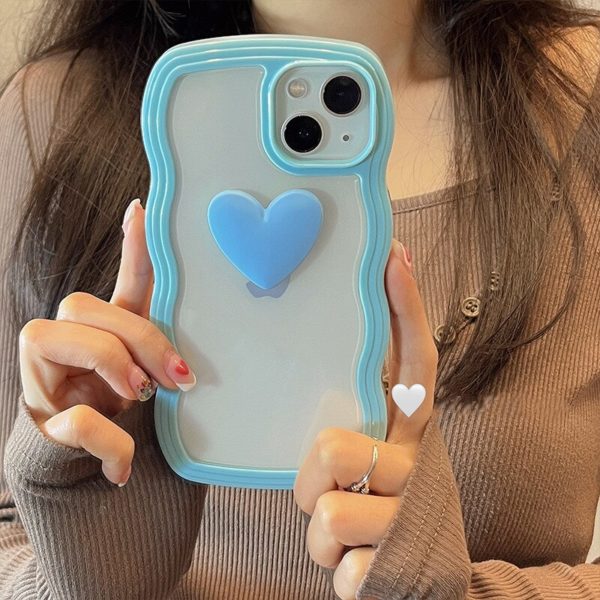 Cute Clear 3D Love Blue Heart Wavy Frame Silicon Phone Cases For iPhone 13