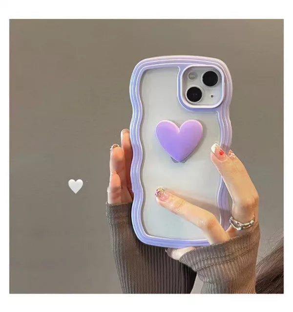 Cute Clear 3D Love Purple Heart Wavy Frame Silicon Phone Cases For iPhone 15 Pro