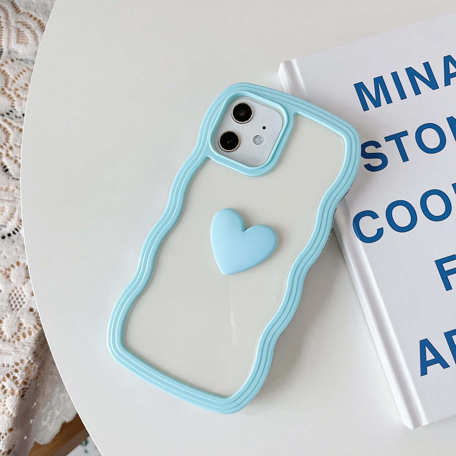 Cute Clear 3D Love Blue Heart Wavy Frame Silicon Phone Cases For iPhone 13