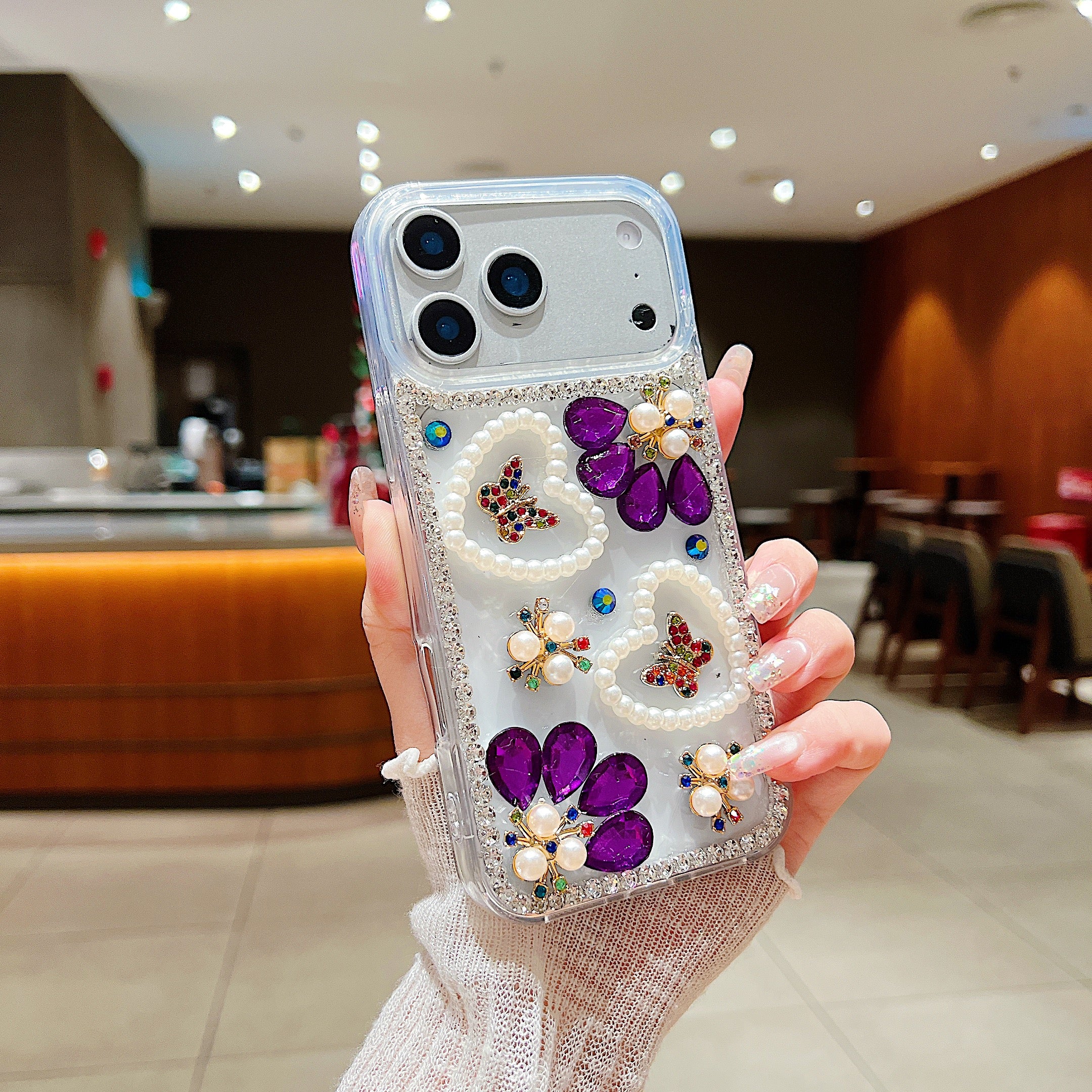 Royal Amethyst Flower Phone Case – Sparkly Diamond & Pearl 3D Floral Design For iPhone 17