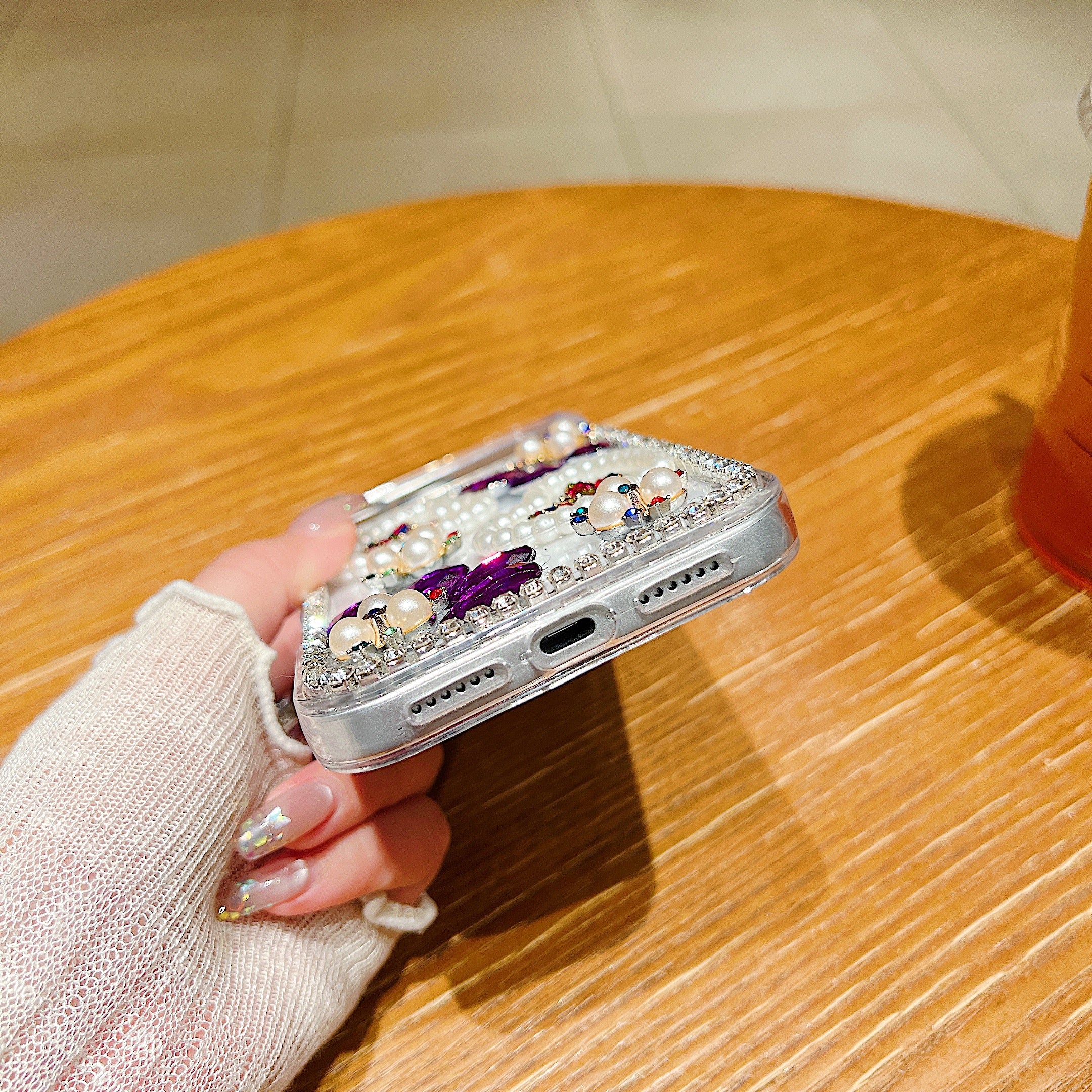 Royal Amethyst Flower Phone Case – Sparkly Diamond & Pearl 3D Floral Design For iPhone 17