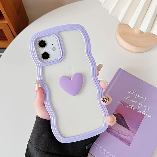 Cute Clear 3D Love Purple Heart Wavy Frame Silicon Phone Cases For iPhone 14