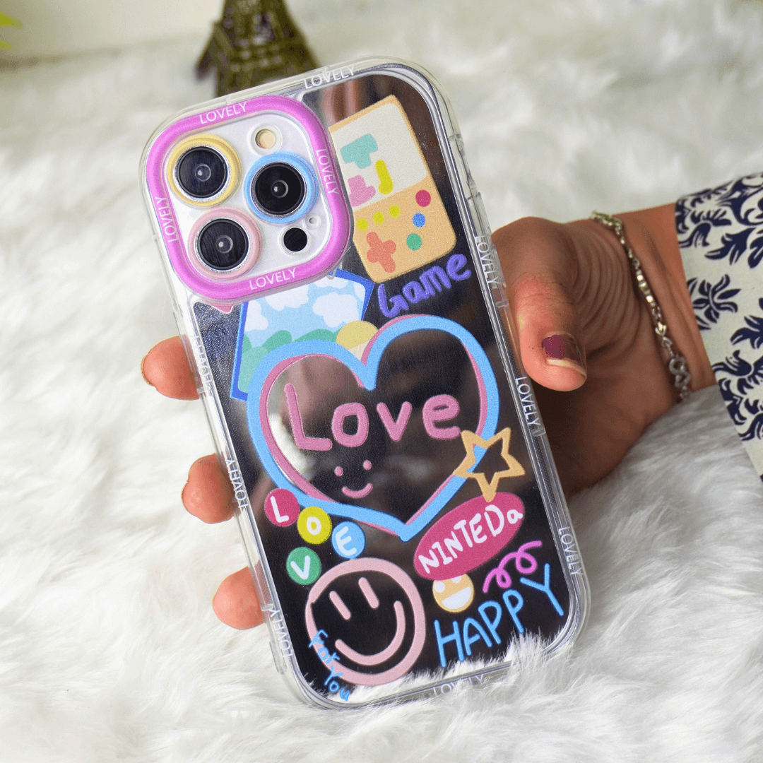 Happy Love Game With Mirror Silicon Phone Case For iPhone 15 Plus