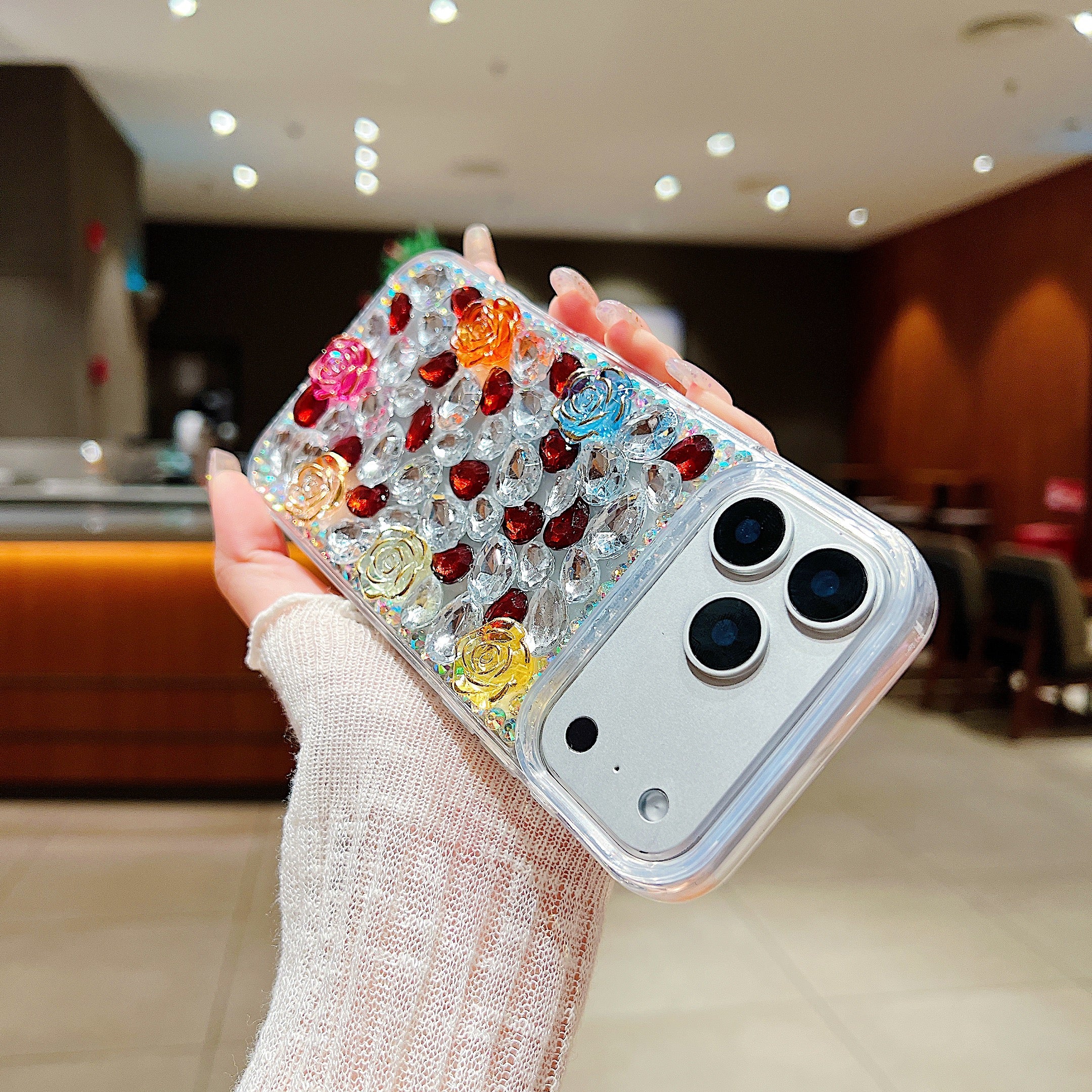 Rainbow Rose Crystal Phone Case – 3D Multicolor Flower & Diamond Gem Case For iPhone 17