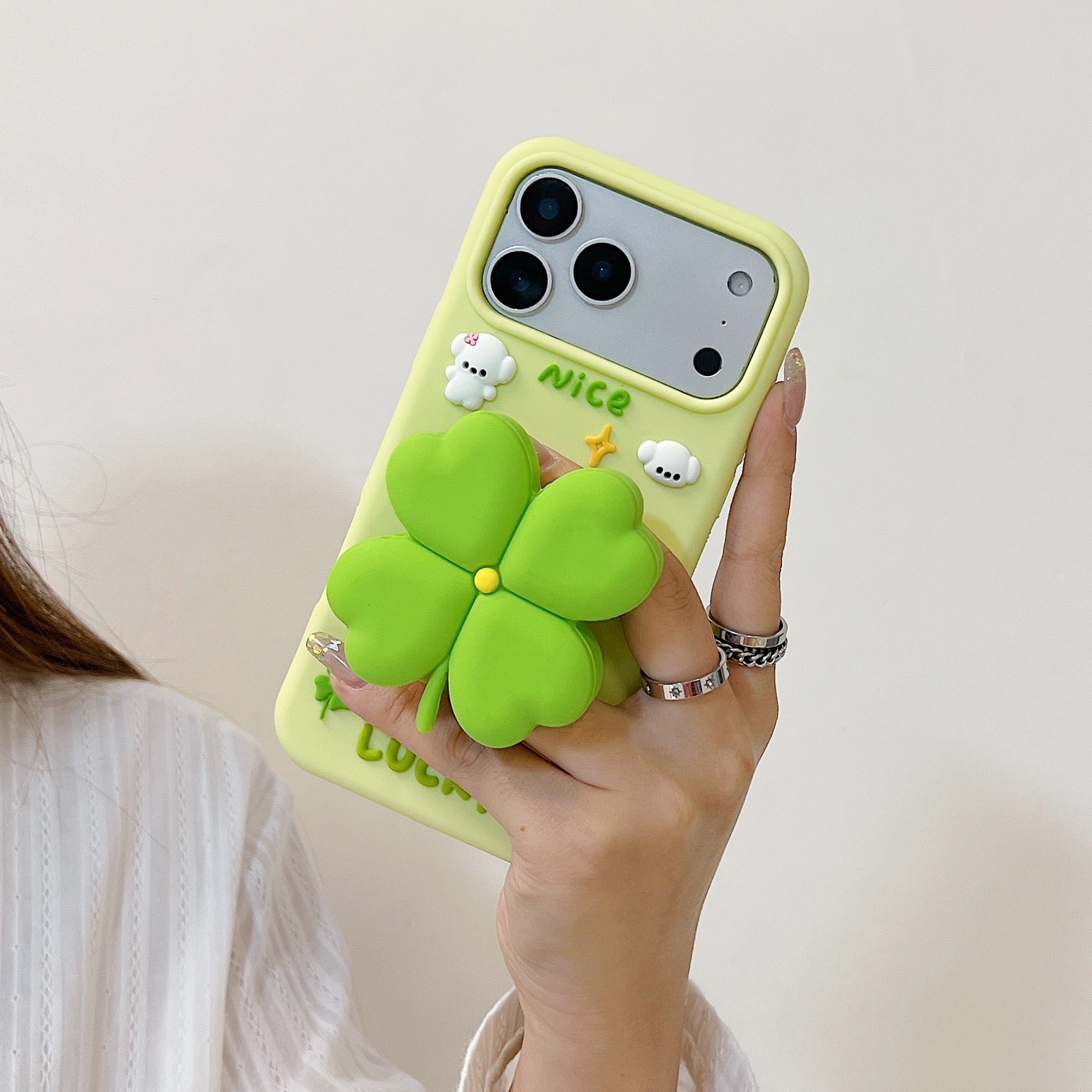 3D Green Clover 'Lucky & Nice' Cute Cartoon Design Silicone Phone Case For iPhone 14 Pro