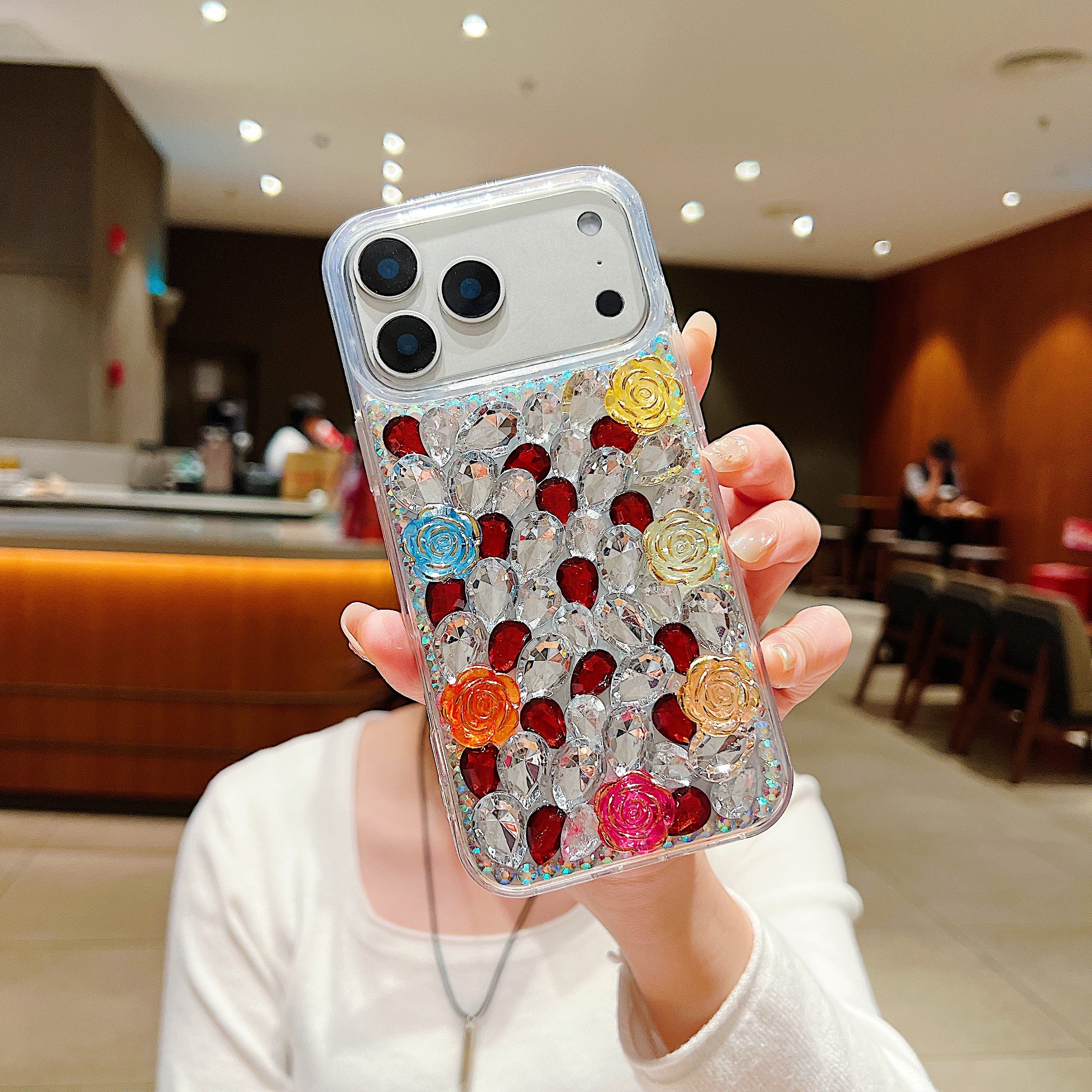 Rainbow Rose Crystal Phone Case – 3D Multicolor Flower & Diamond Gem Case For iPhone 17 Air