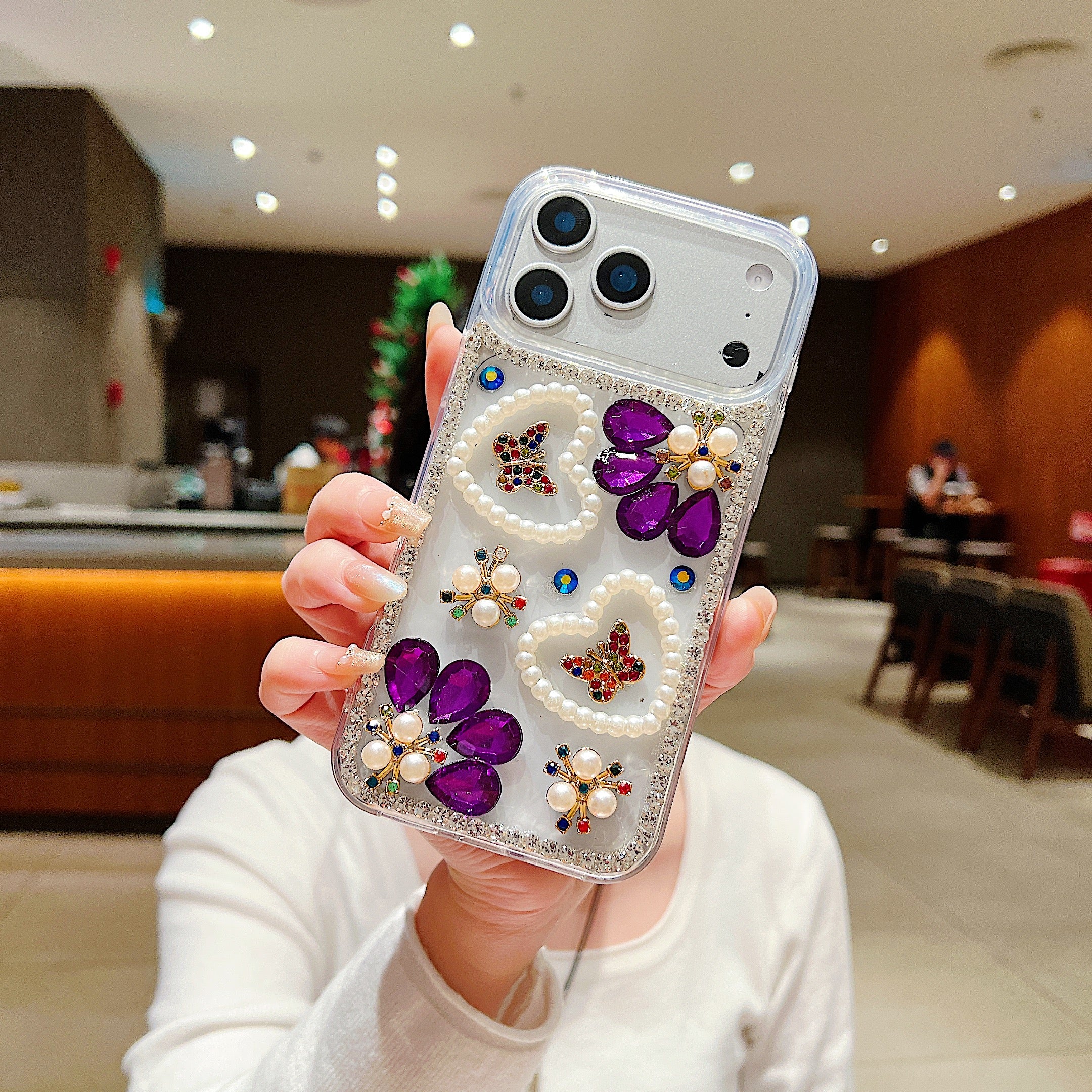 Royal Amethyst Flower Phone Case – Sparkly Diamond & Pearl 3D Floral Design For iPhone 17