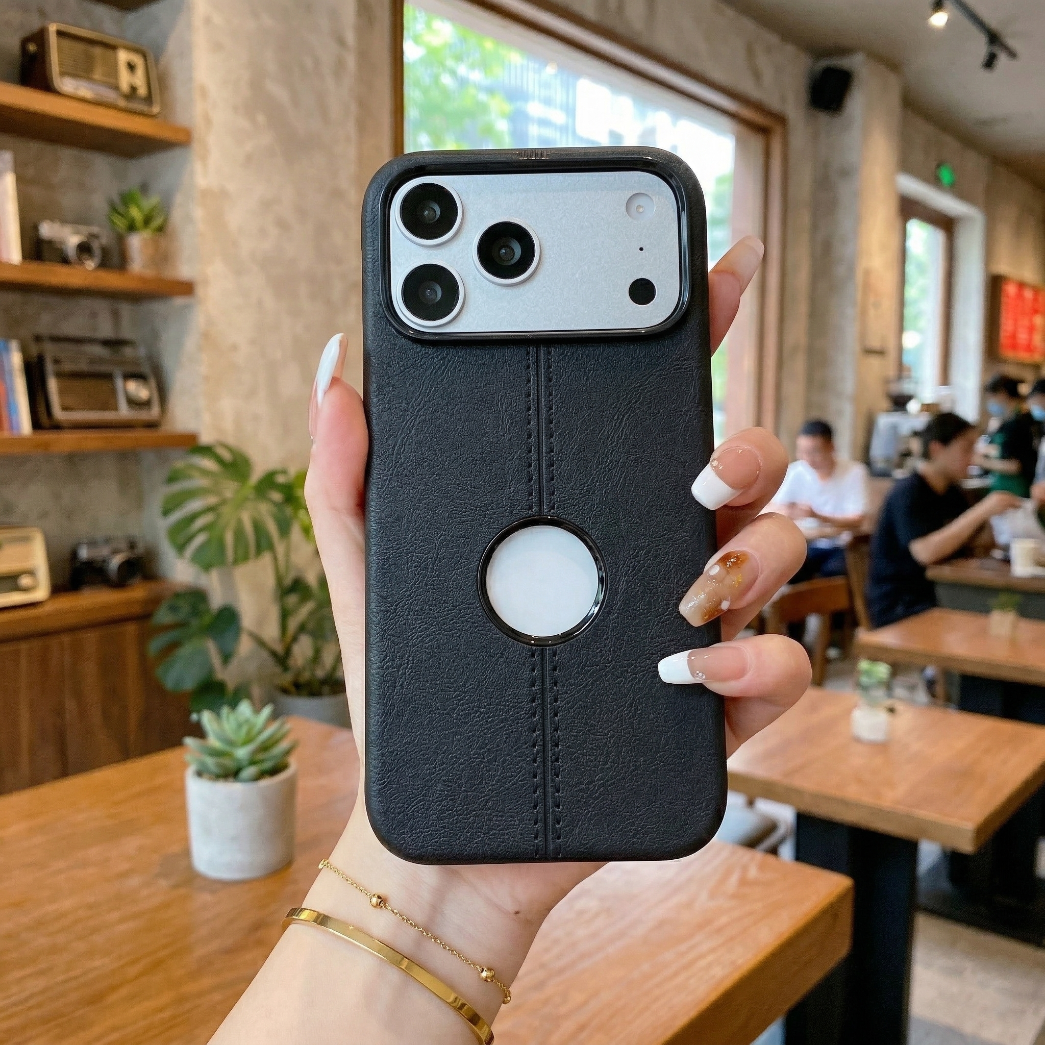 Classic Black Leatherette Case - Aesthetic Minimalist Professional Design with Apple Logo Cutout