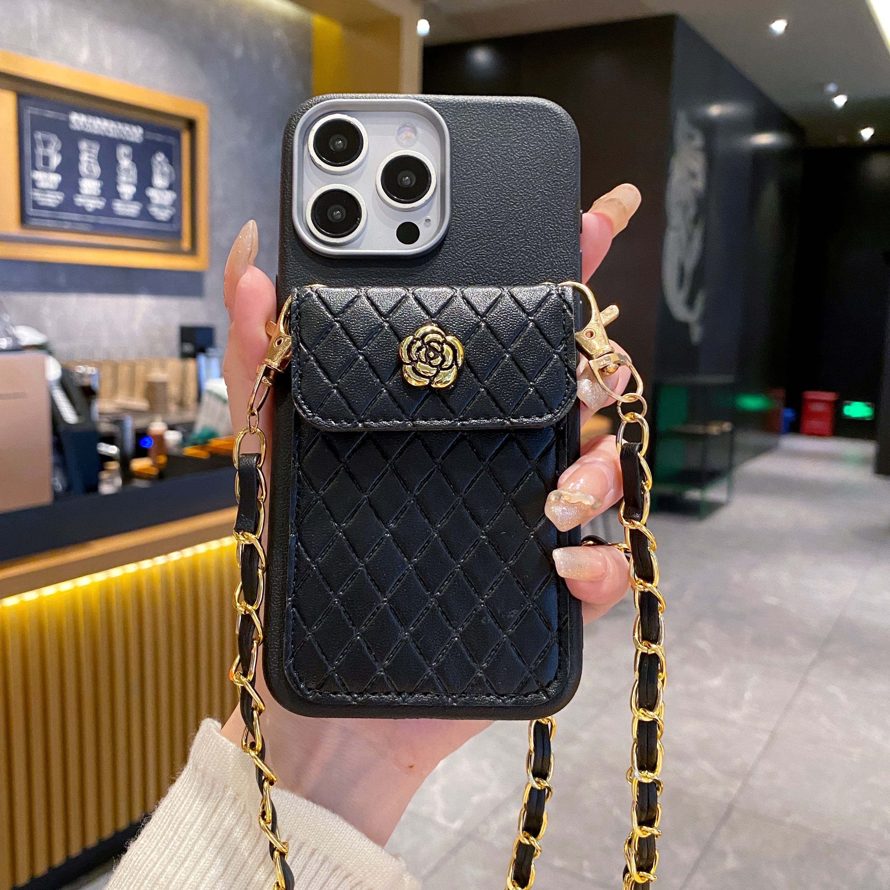 Black Texture Wallet With Golden Chain Silicon Phone Cases For iPhone 15