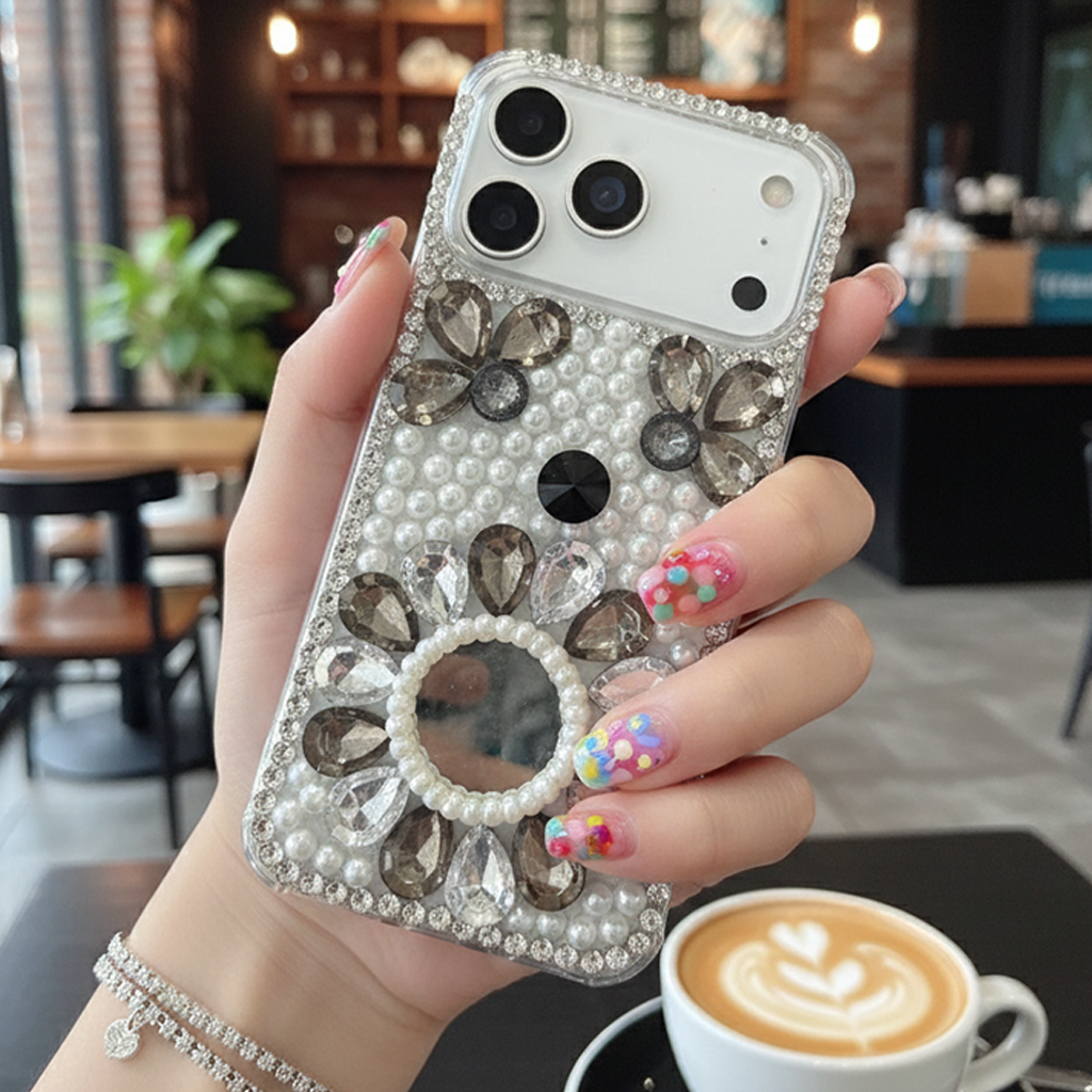 Bloom Mirror Case Luxury Smokey Crystal Flower & Pearl Shield Case For iPhone 16 Pro Max