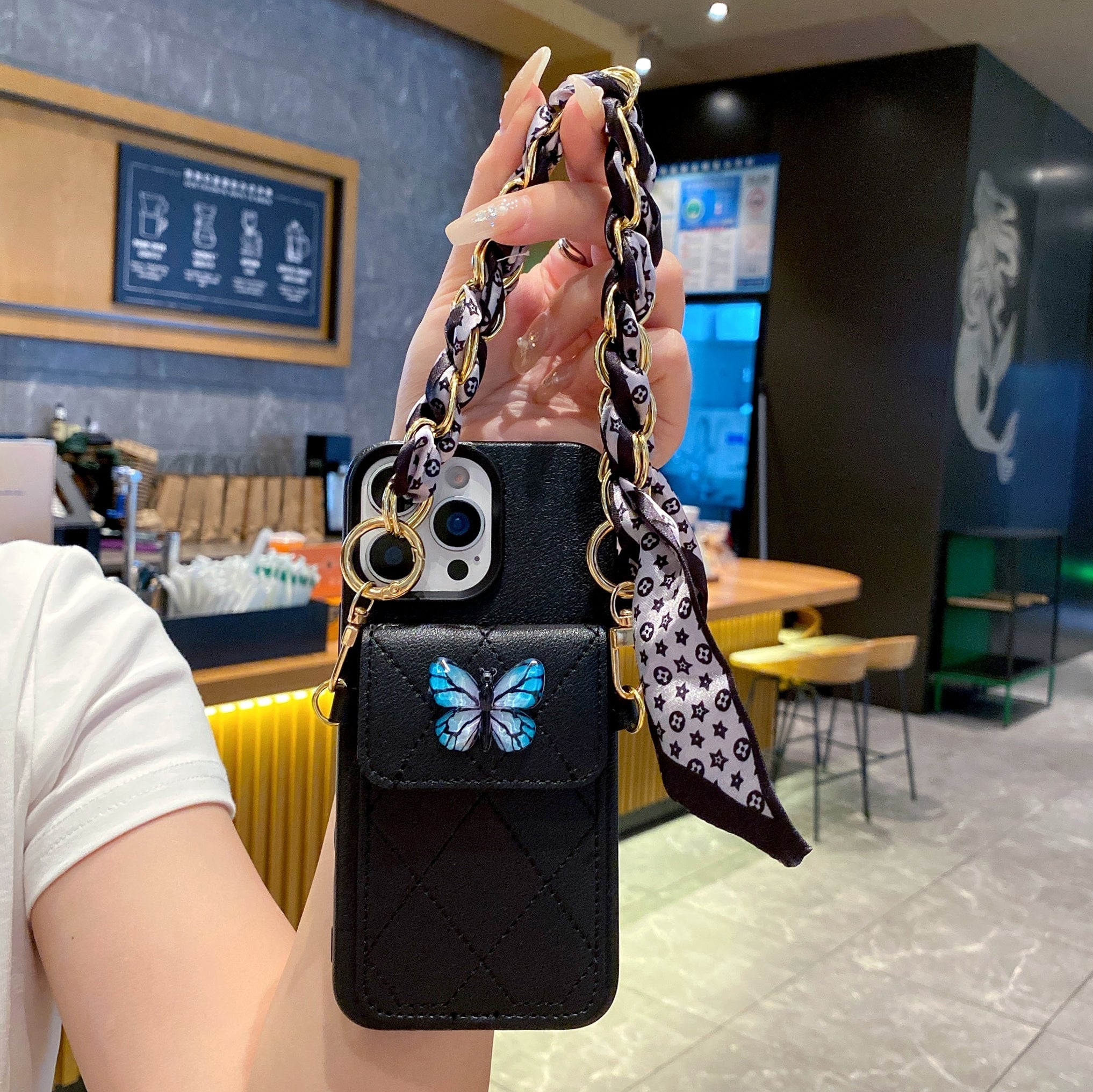 Butterfly Charm Black Leather Wallet Phone Case with Stylish Chain Strap For iPhone 15 Pro Max
