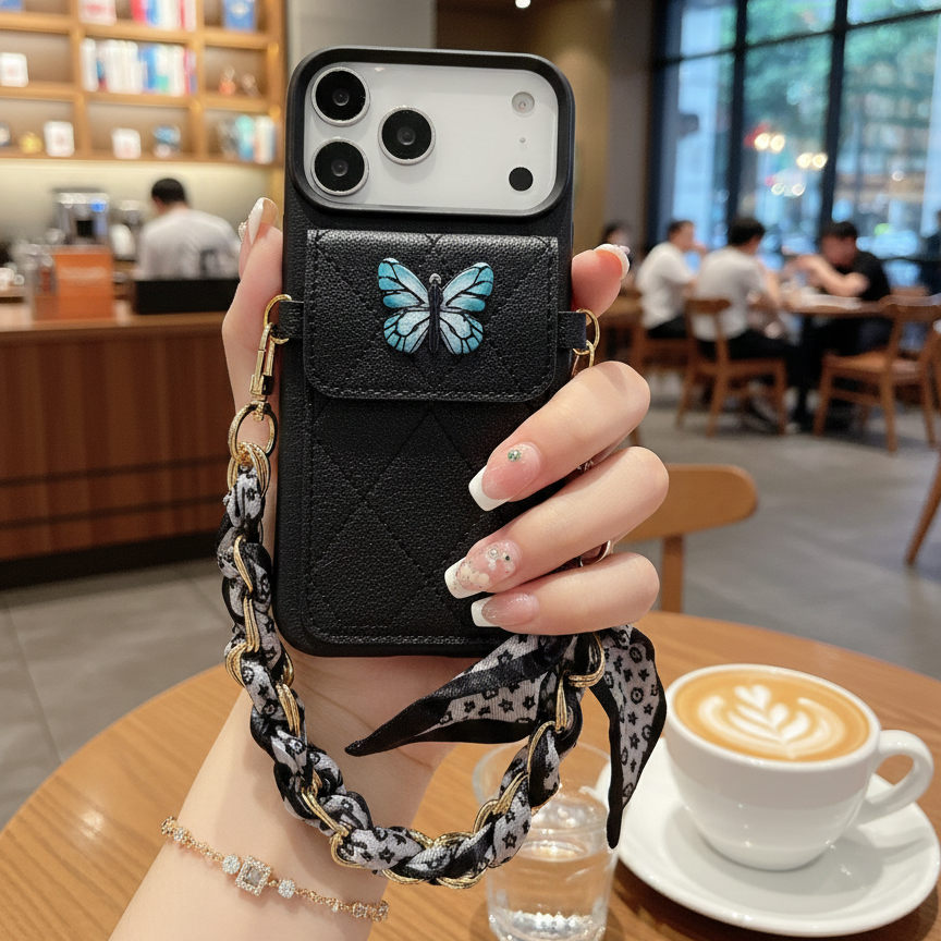 Butterfly Charm Black Leather Wallet Phone Case with Stylish Chain Strap For iPhone 17 Pro Max