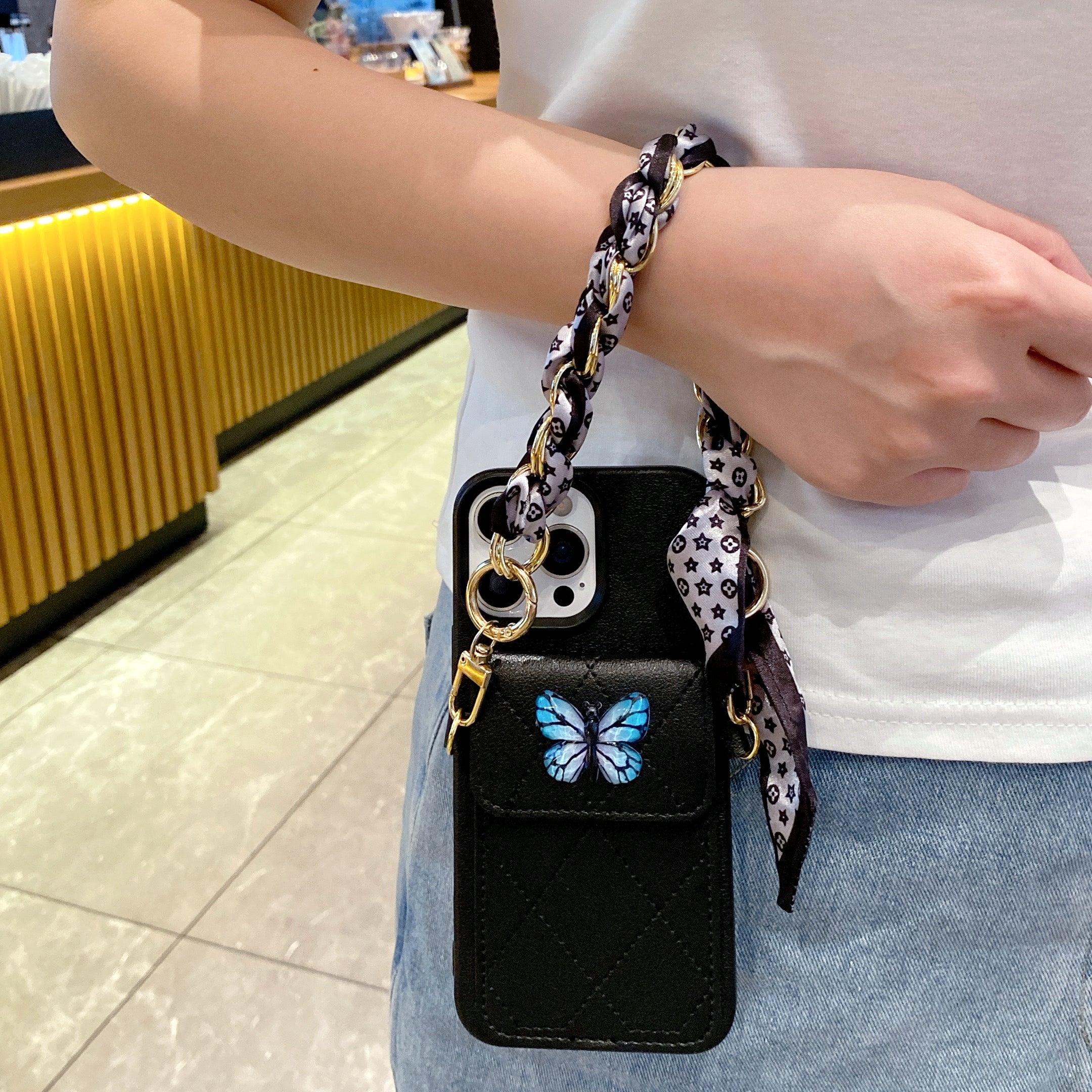 Butterfly Charm Black Leather Wallet Phone Case with Stylish Chain Strap For iPhone 15 Pro Max
