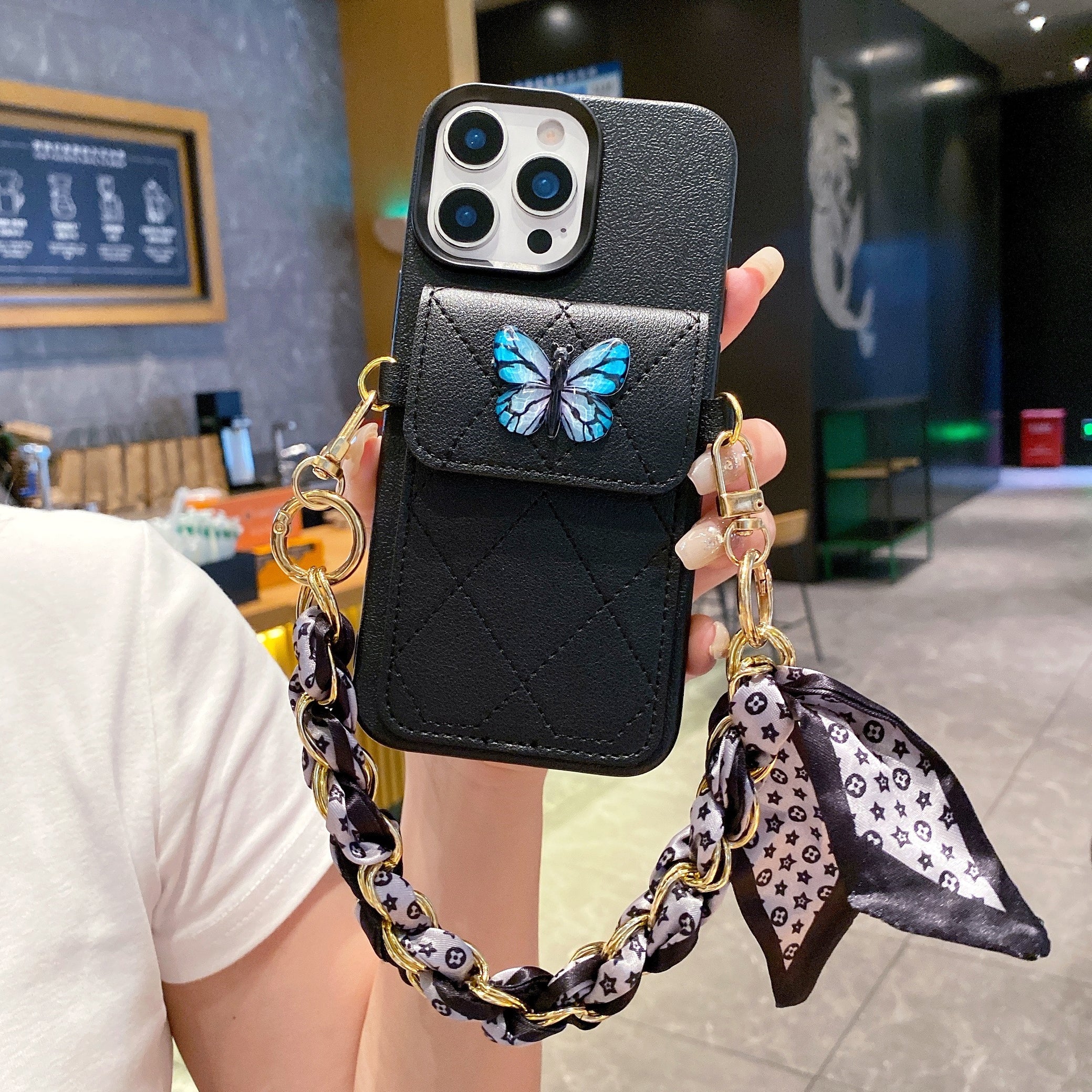 Butterfly Charm Black Leather Wallet Phone Case with Stylish Chain Strap For iPhone 15 Pro Max