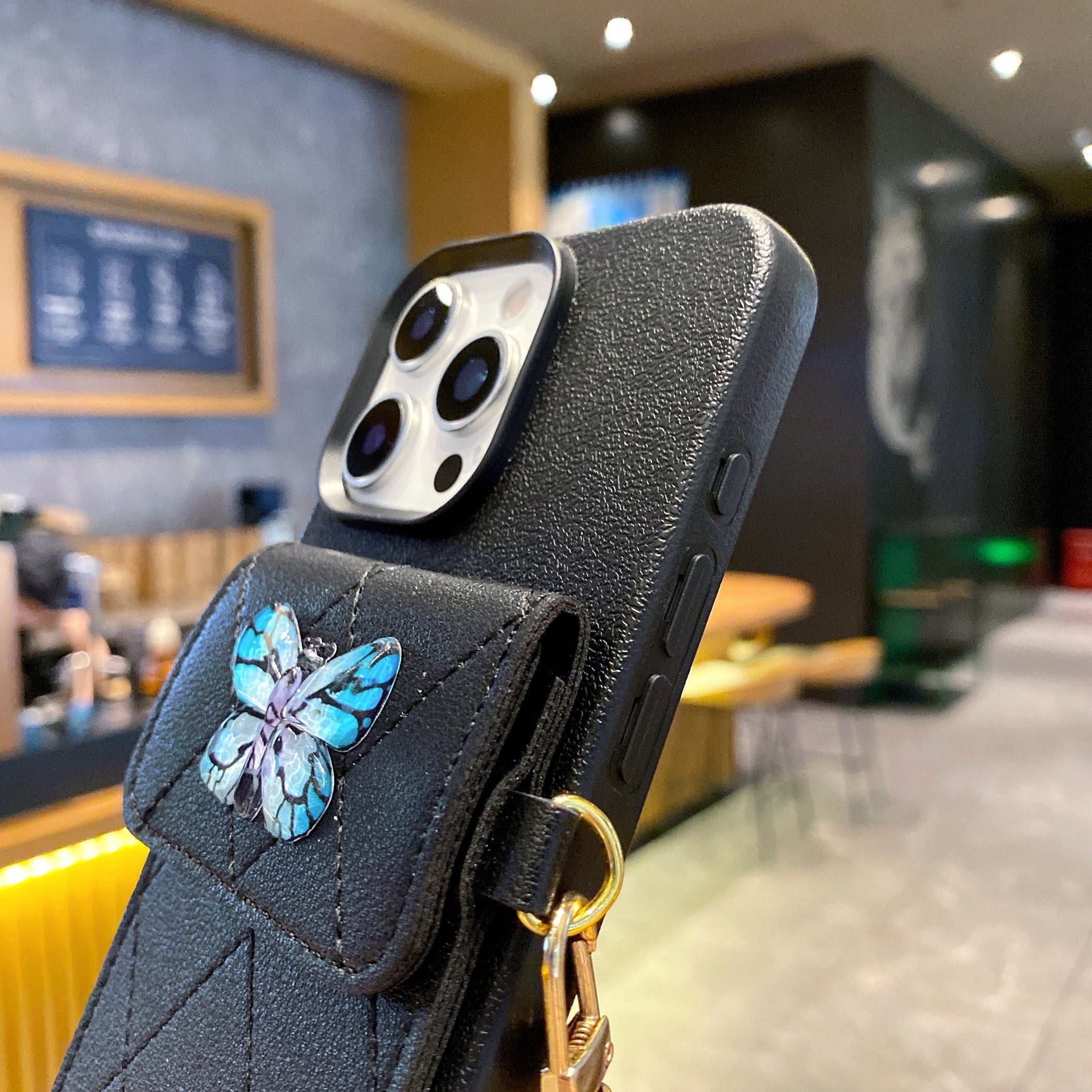 Butterfly Charm Black Leather Wallet Phone Case with Stylish Chain Strap For iPhone 15 Pro Max