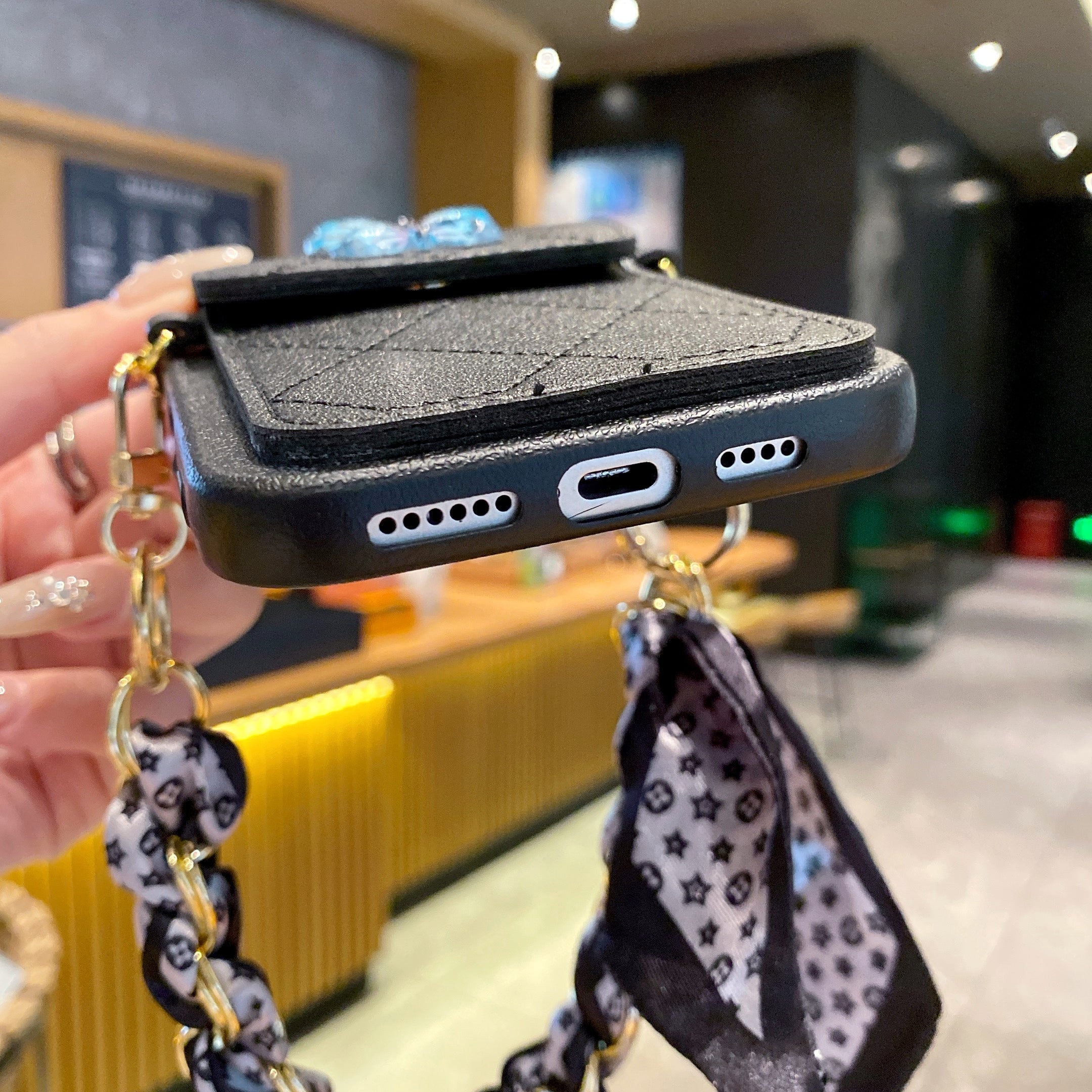 Butterfly Charm Black Leather Wallet Phone Case with Stylish Chain Strap For iPhone 15 Pro Max