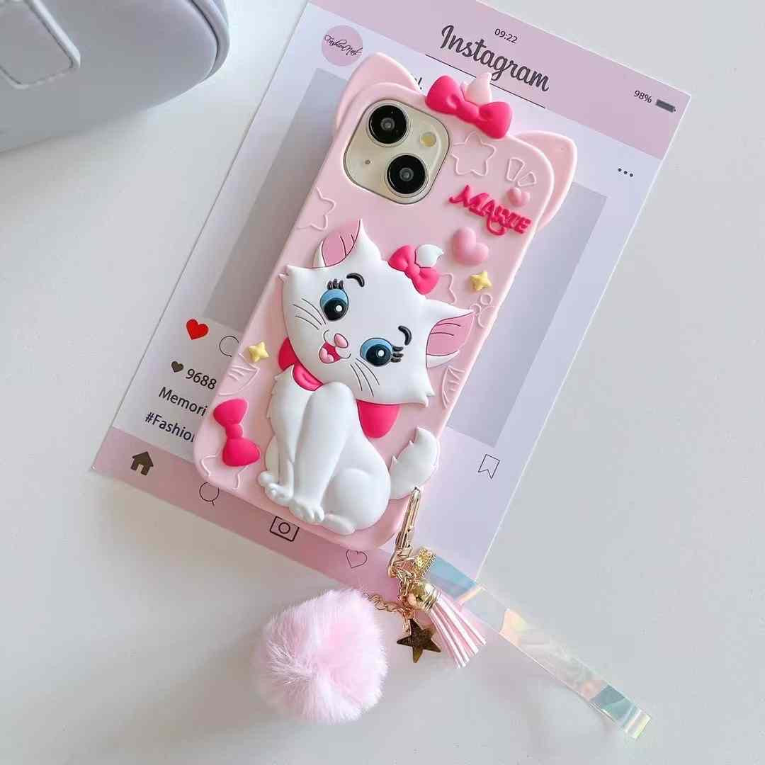 Disney Marie Cat With Fur Charm Silicon Phone Cases For iPhone 16 Pro Max