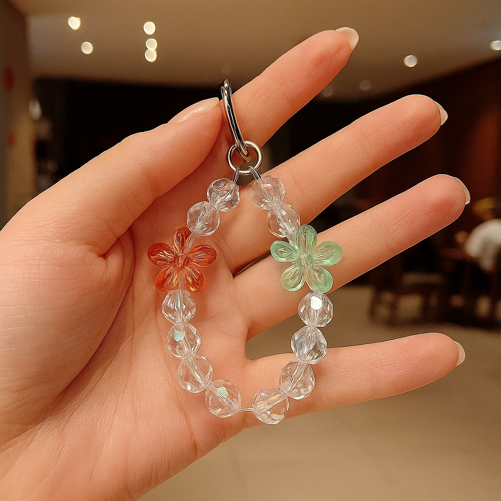 Crystal Bloom Beaded Phone Charm – Transparent Beads with Colorful Flower Accents for iPhone & Bags