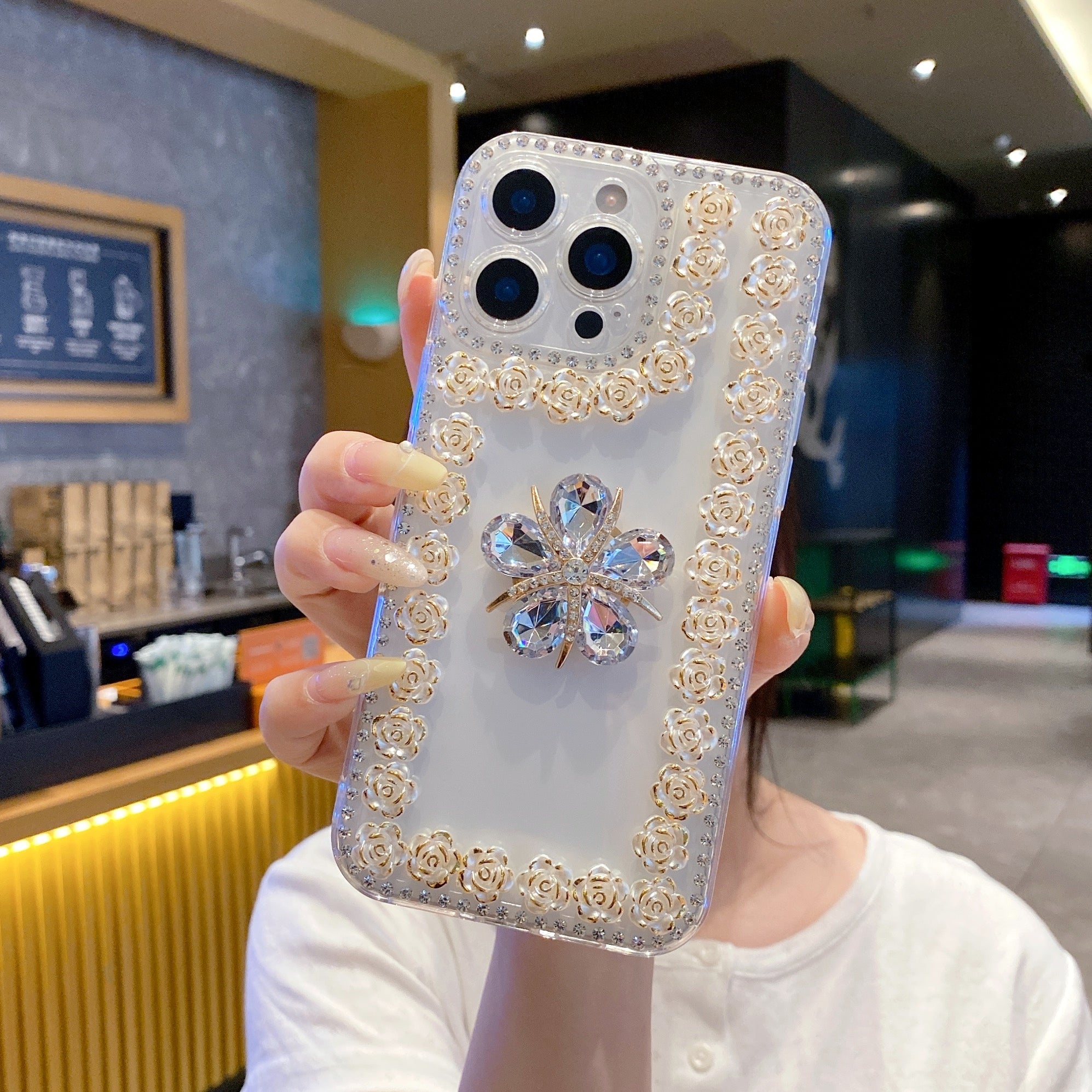 Crystal Flower Bling Case with Rose Border – Elegant 3D Design | Silicon Phone Case For iPhone 16