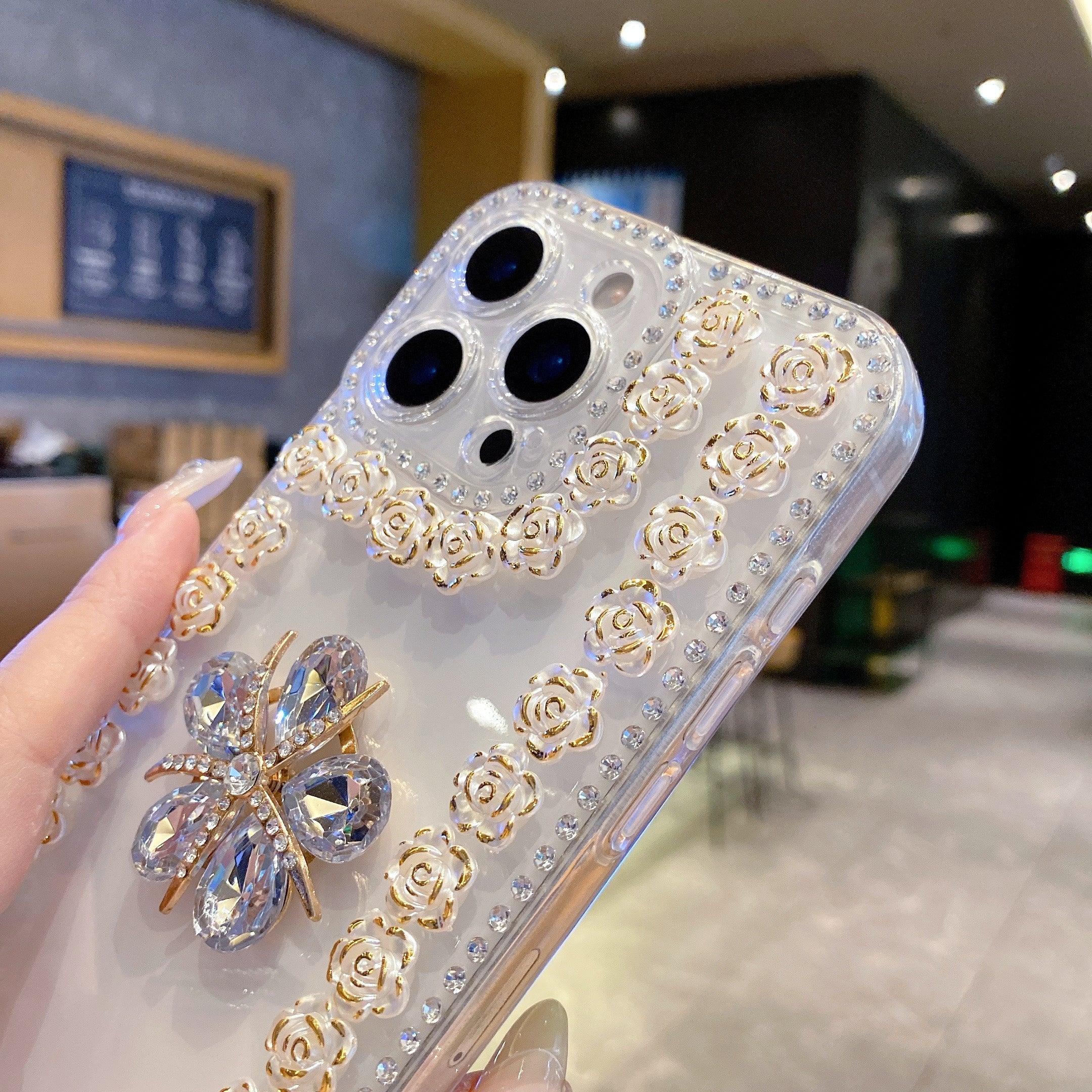 Crystal Flower Bling Case with Rose Border – Elegant 3D Design | Silicon Phone Case For iPhone 13 Pro