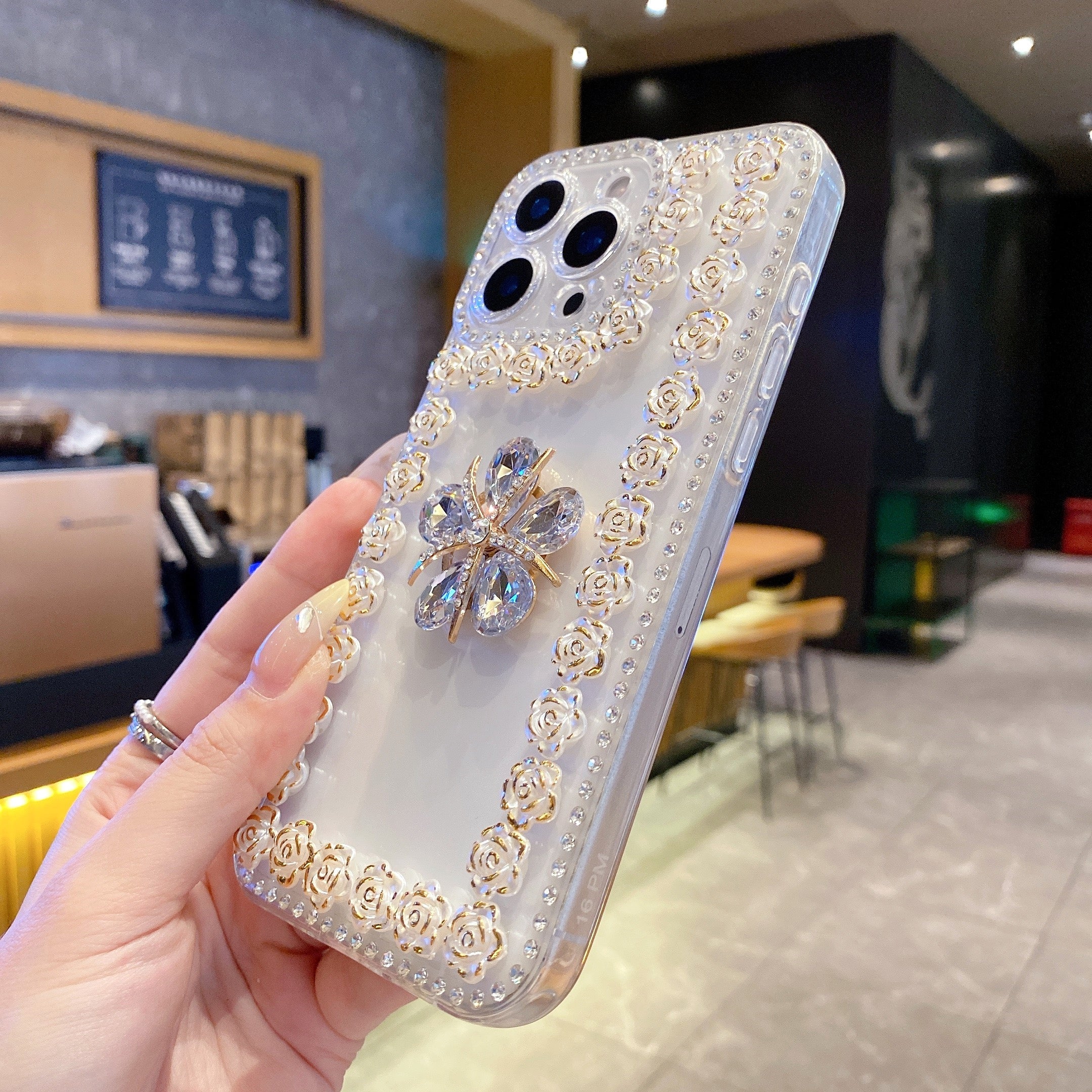Crystal Flower Bling Case with Rose Border – Elegant 3D Design | Silicon Phone Case For iPhone 13 Pro Max