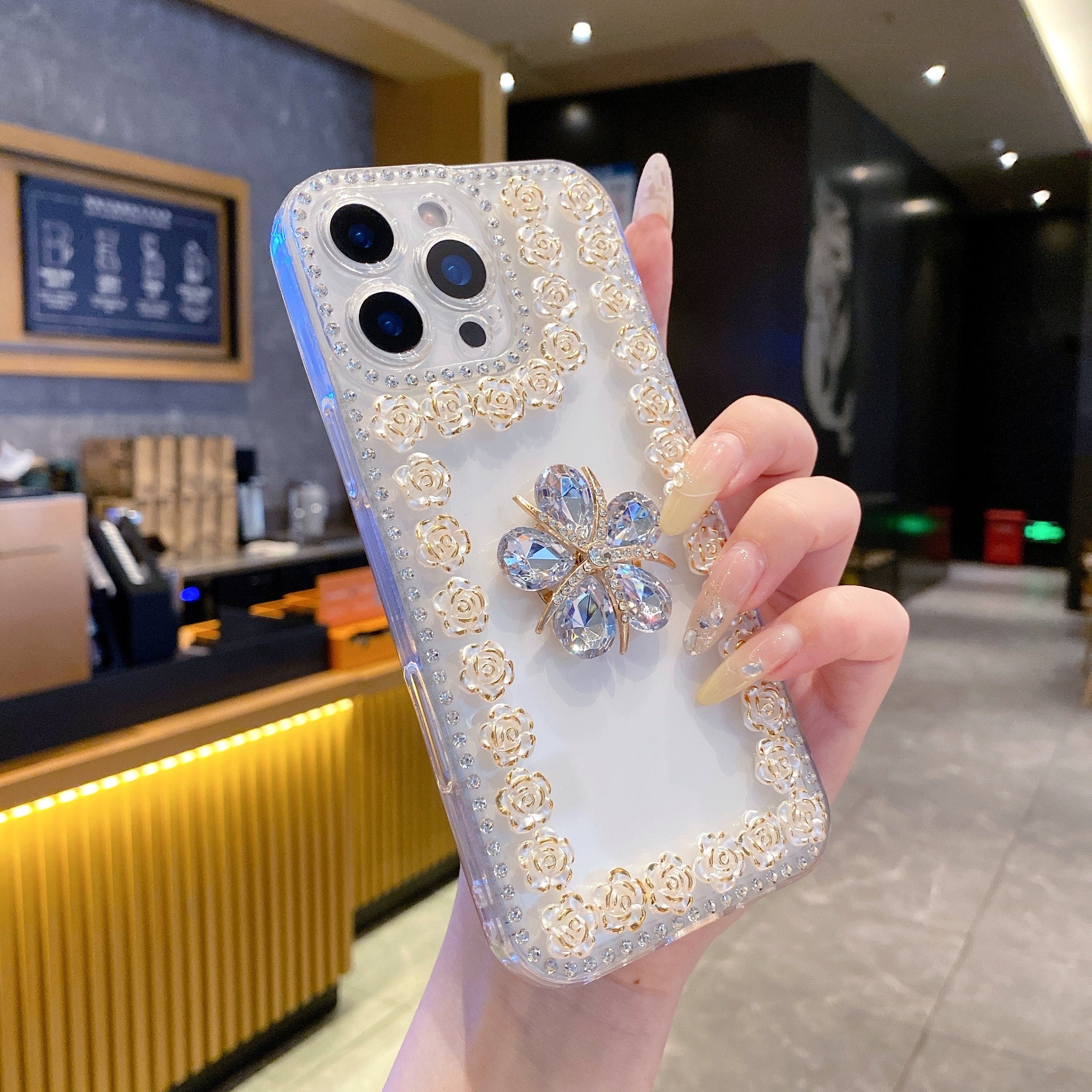 Crystal Flower Bling Case with Rose Border – Elegant 3D Design | Silicon Phone Case For iPhone 13 Pro Max