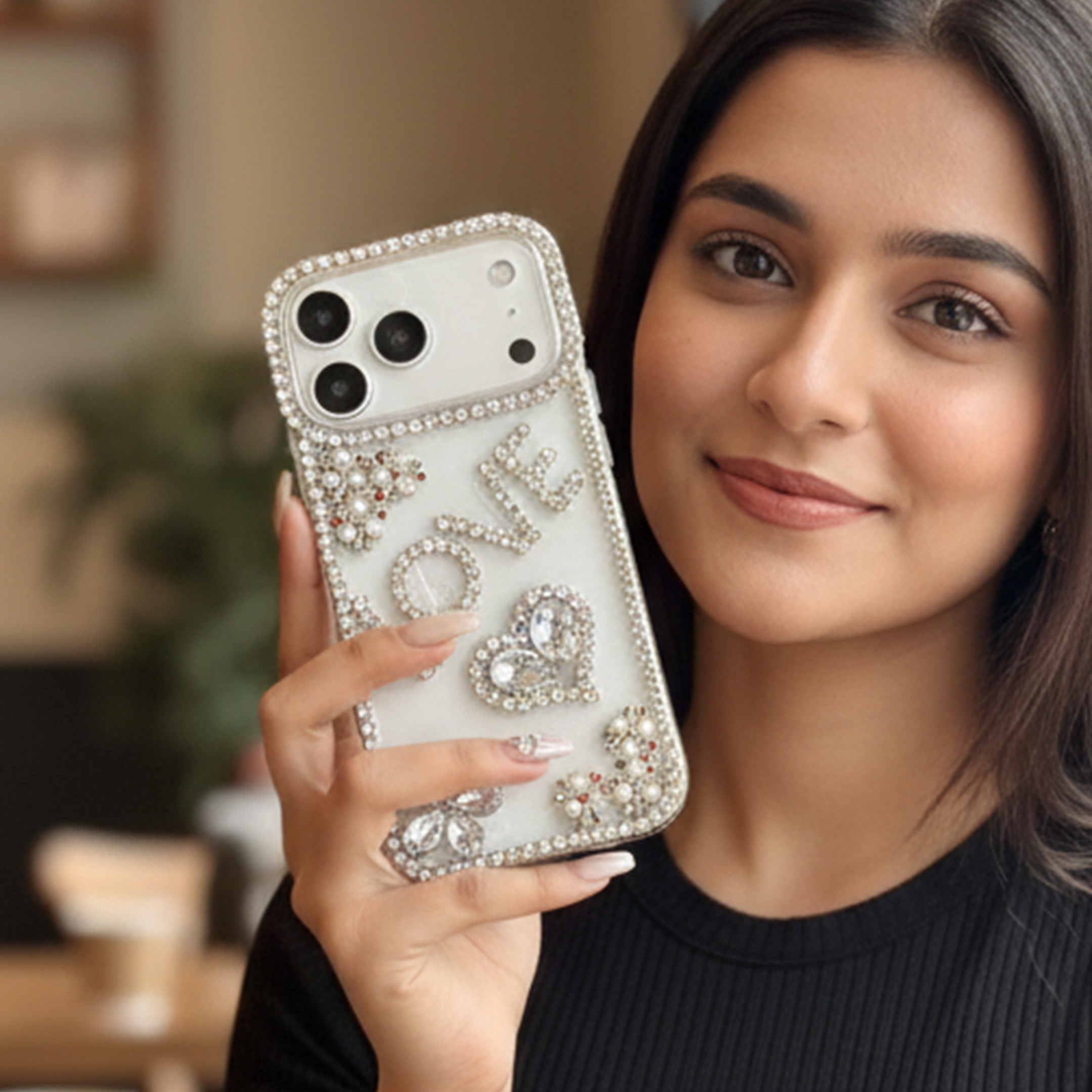 Crystal LOVE Word Art Case — Luxury Silver Rhinestone Heart & Flower Case For iPhone 17 Pro