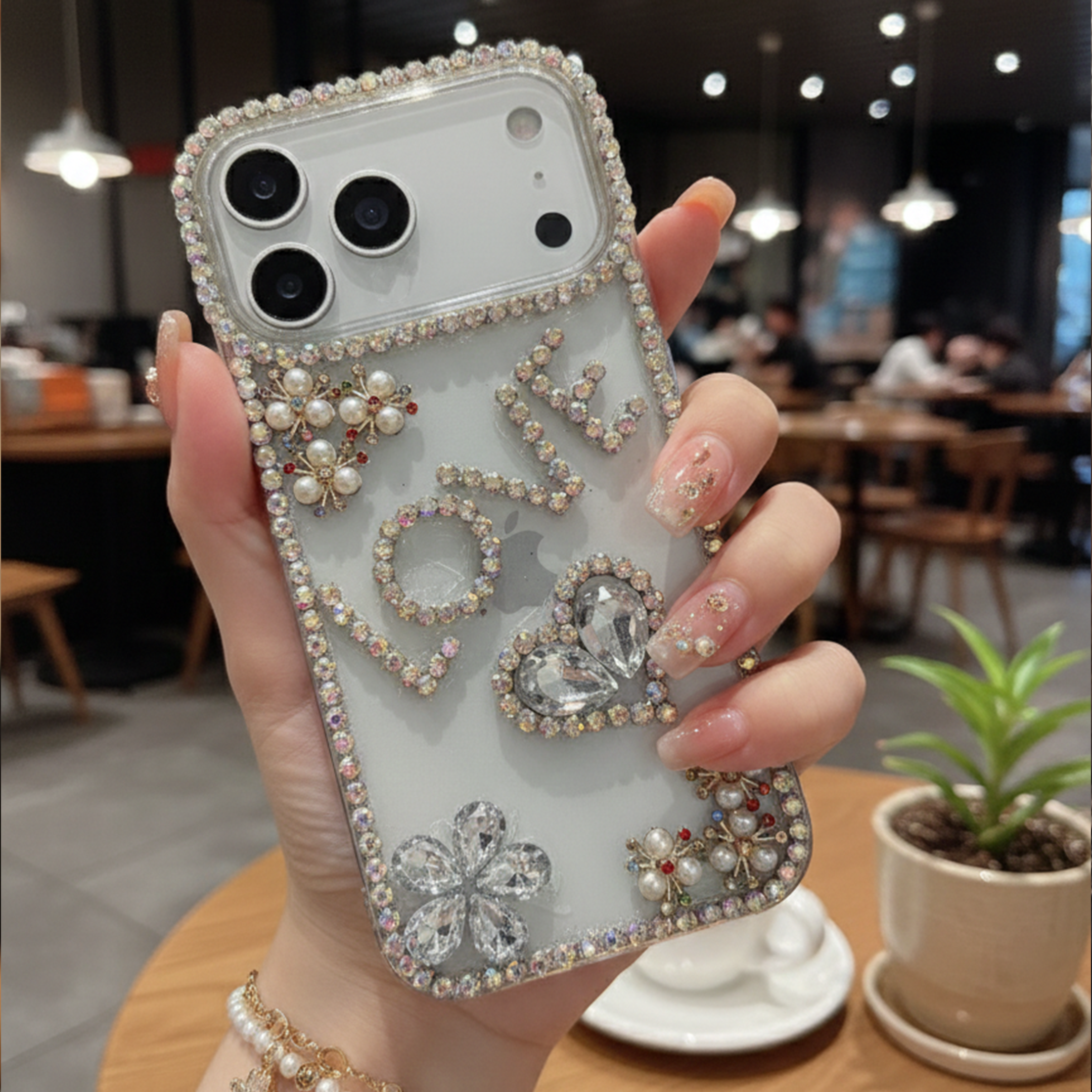 Crystal LOVE Word Art Case — Luxury Silver Rhinestone Heart & Flower Case For iPhone 17 Pro