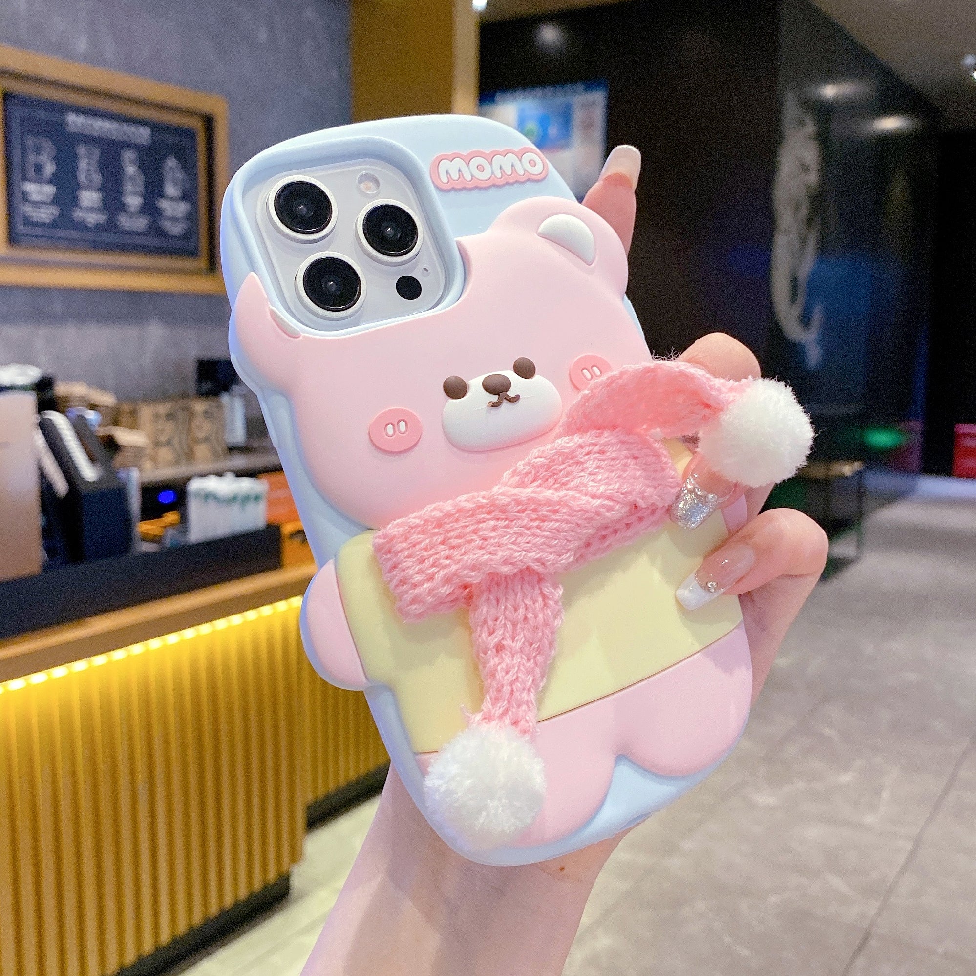 Cute Bear With Scarf Silicon Phone Case For iPhone 16 Pro Max