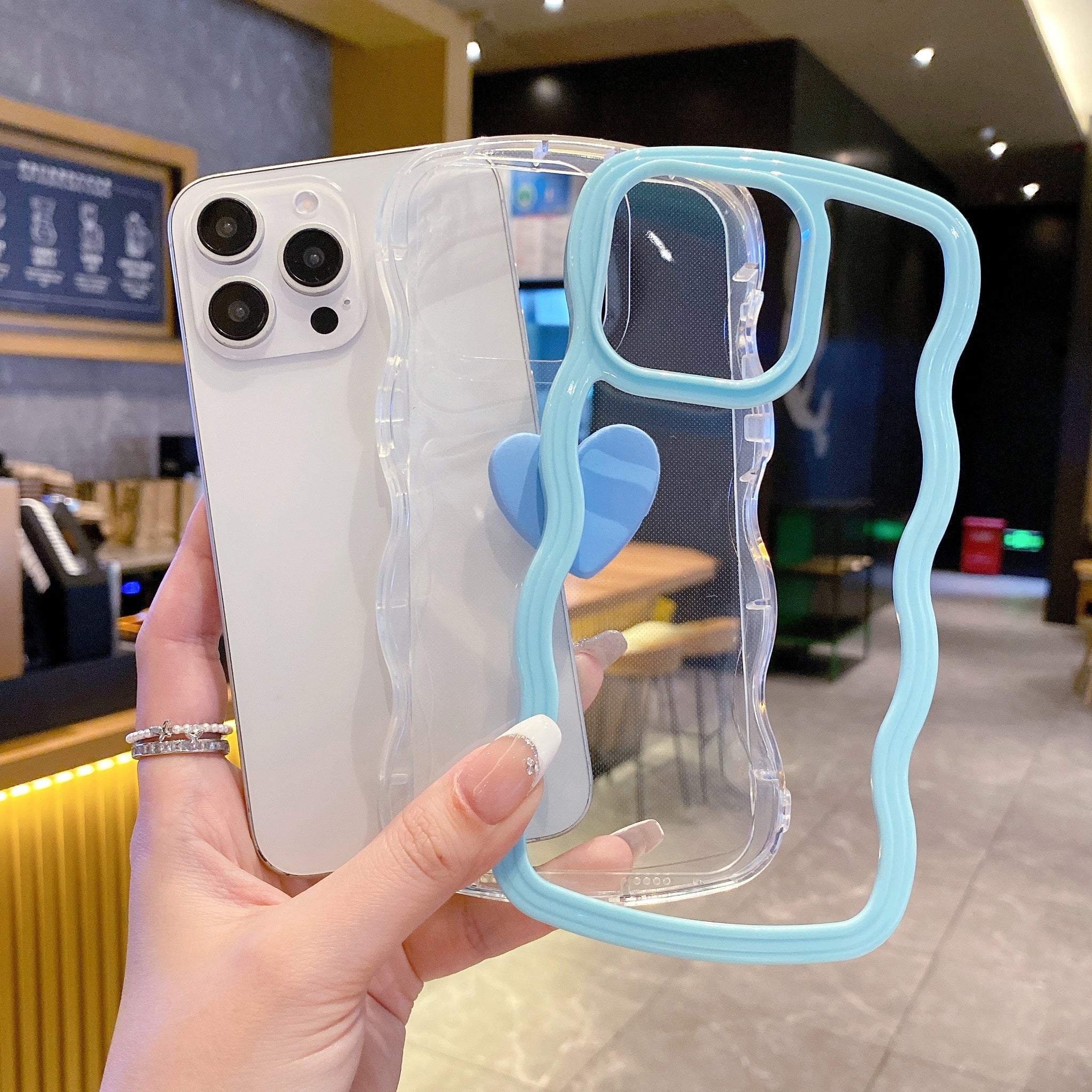 Cute Clear 3D Love Blue Heart Wavy Frame Silicon Phone Cases