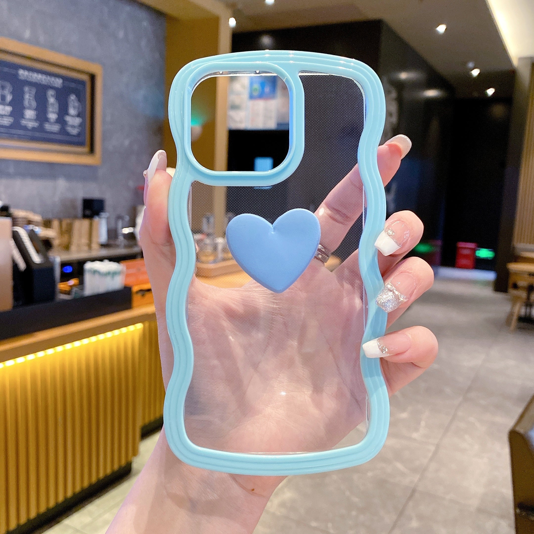 Cute Clear 3D Love Blue Heart Wavy Frame Silicon Phone Cases