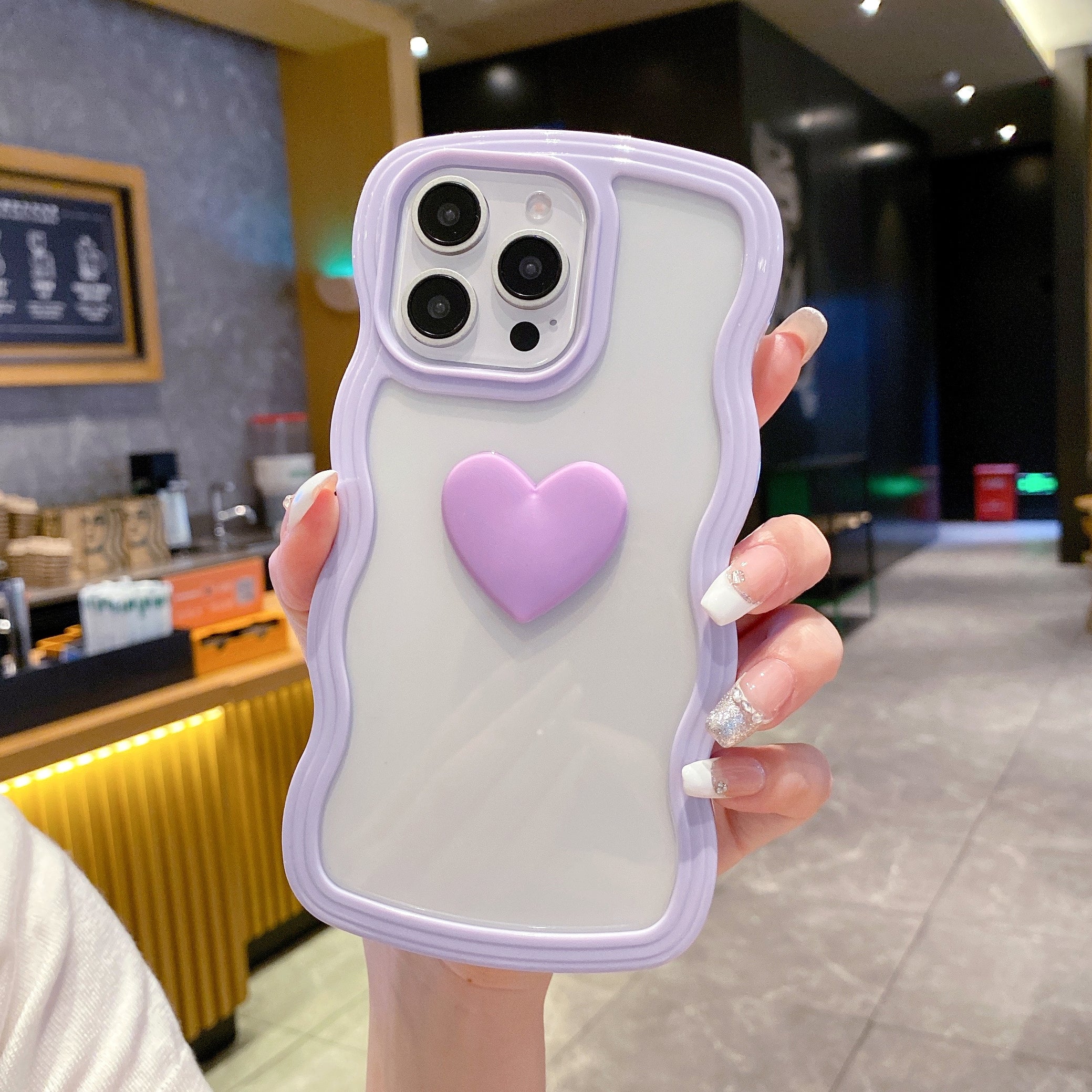 Cute Clear 3D Love Purple Heart Wavy Frame Silicon Phone Cases For iPhone 13 Pro Max