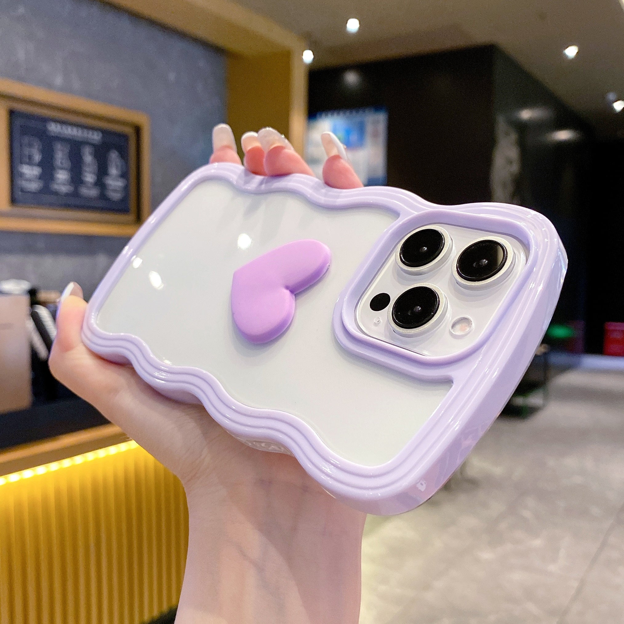 Cute Clear 3D Love Purple Heart Wavy Frame Silicon Phone Cases For iPhone 13 Pro Max