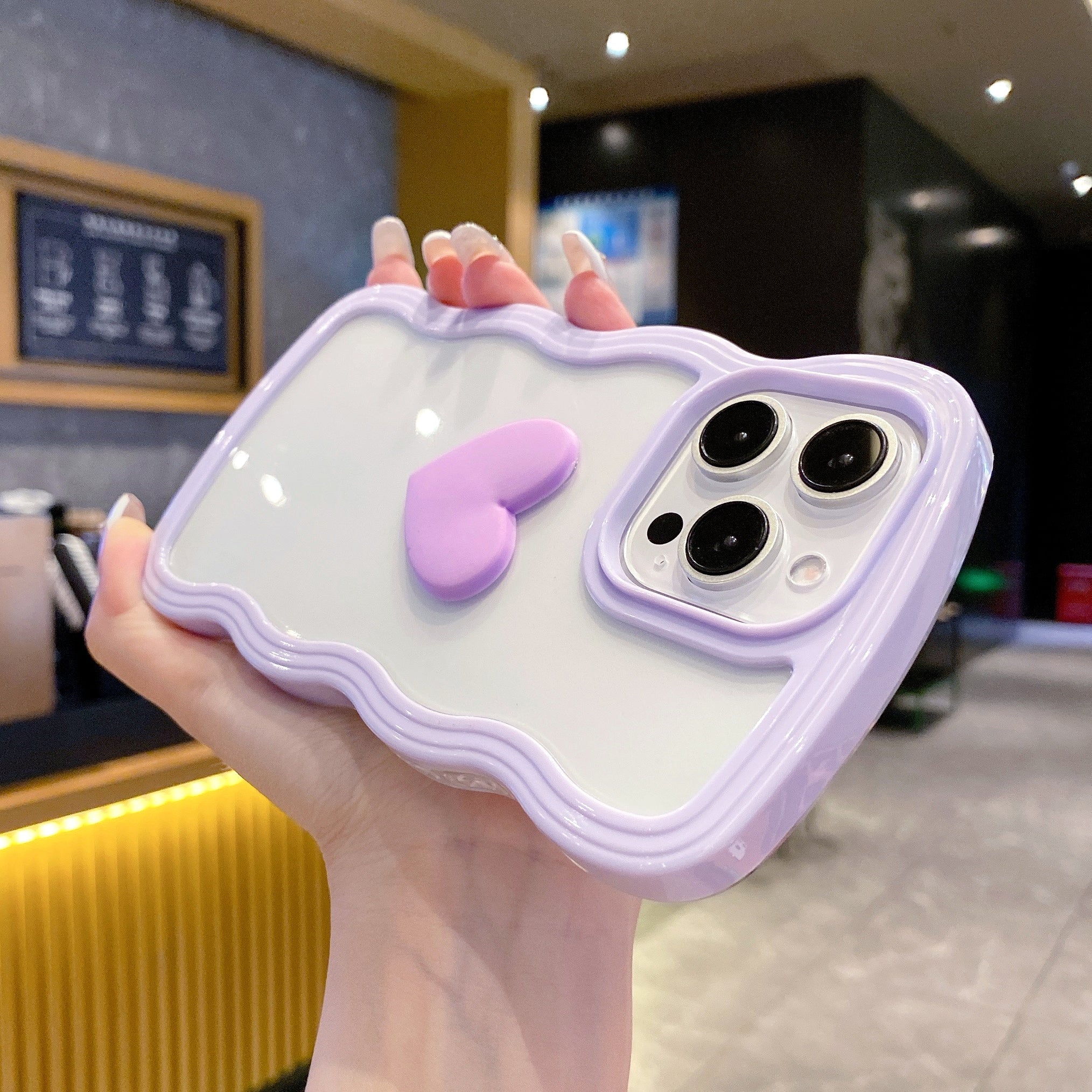 Cute Clear 3D Love Purple Heart Wavy Frame Silicon Phone Cases