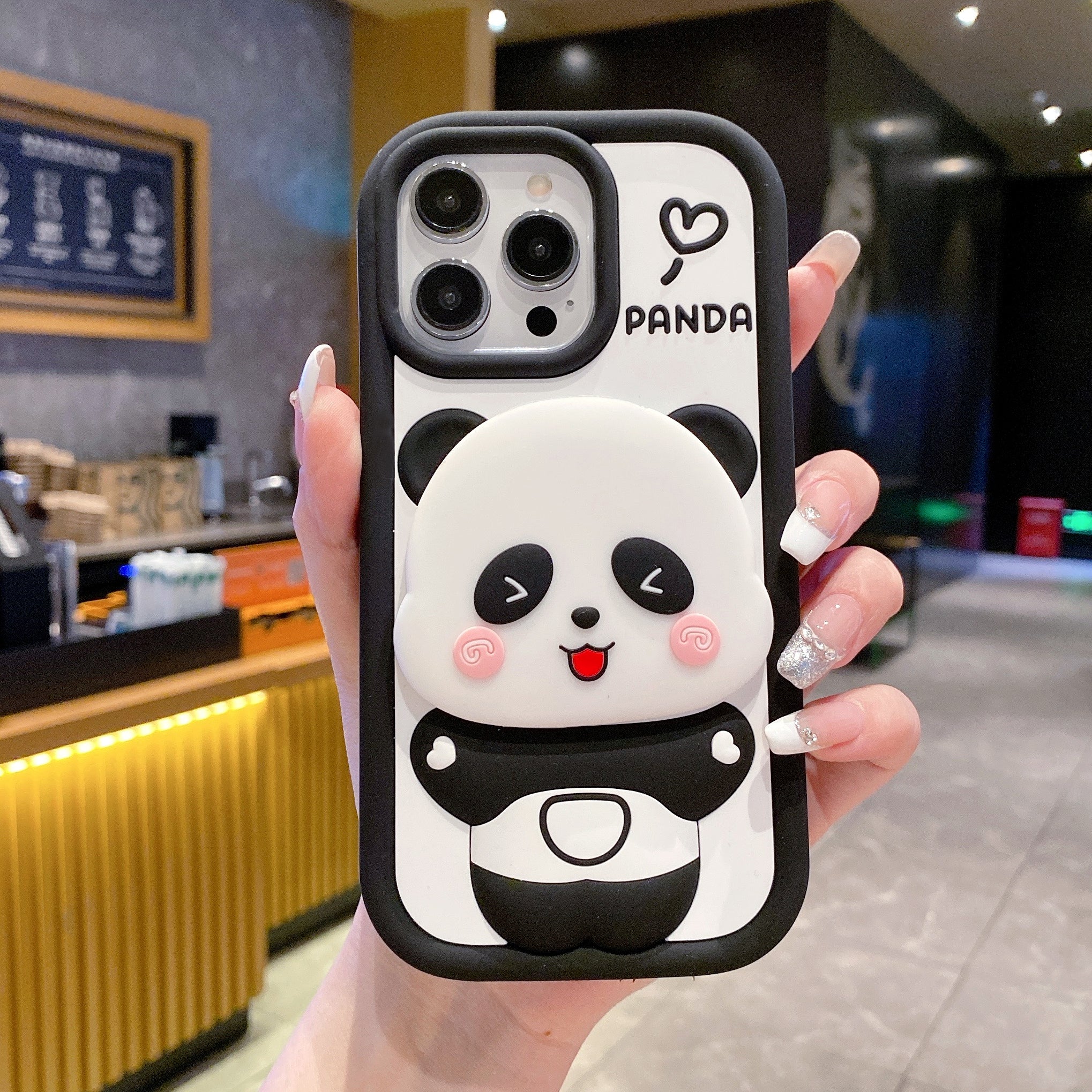 Cute Panda With Mirror Stand Silicon Phone Case For iPhone 16 Pro Max