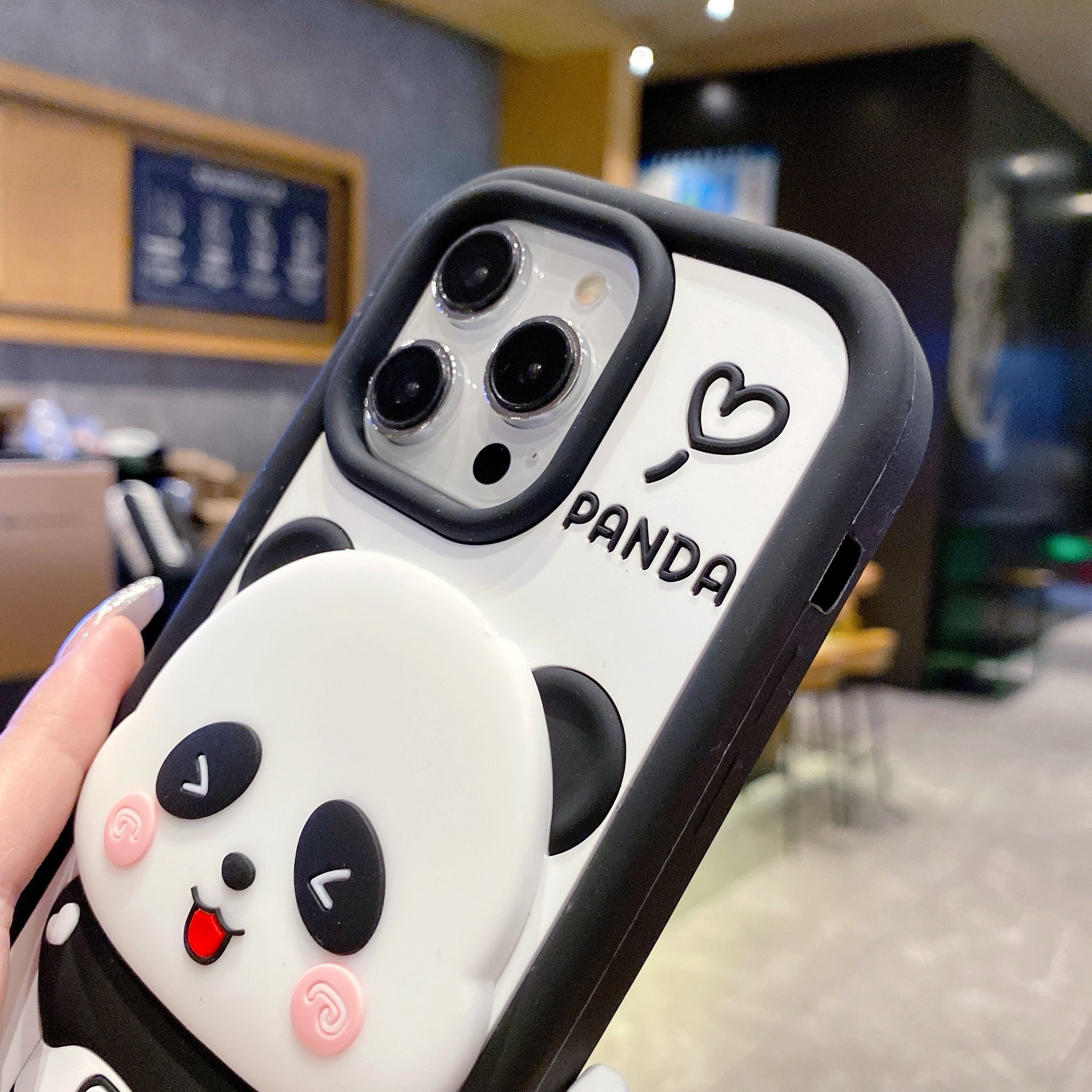 Cute Panda With Mirror Stand Silicon Phone Case For iPhone 16 Pro Max
