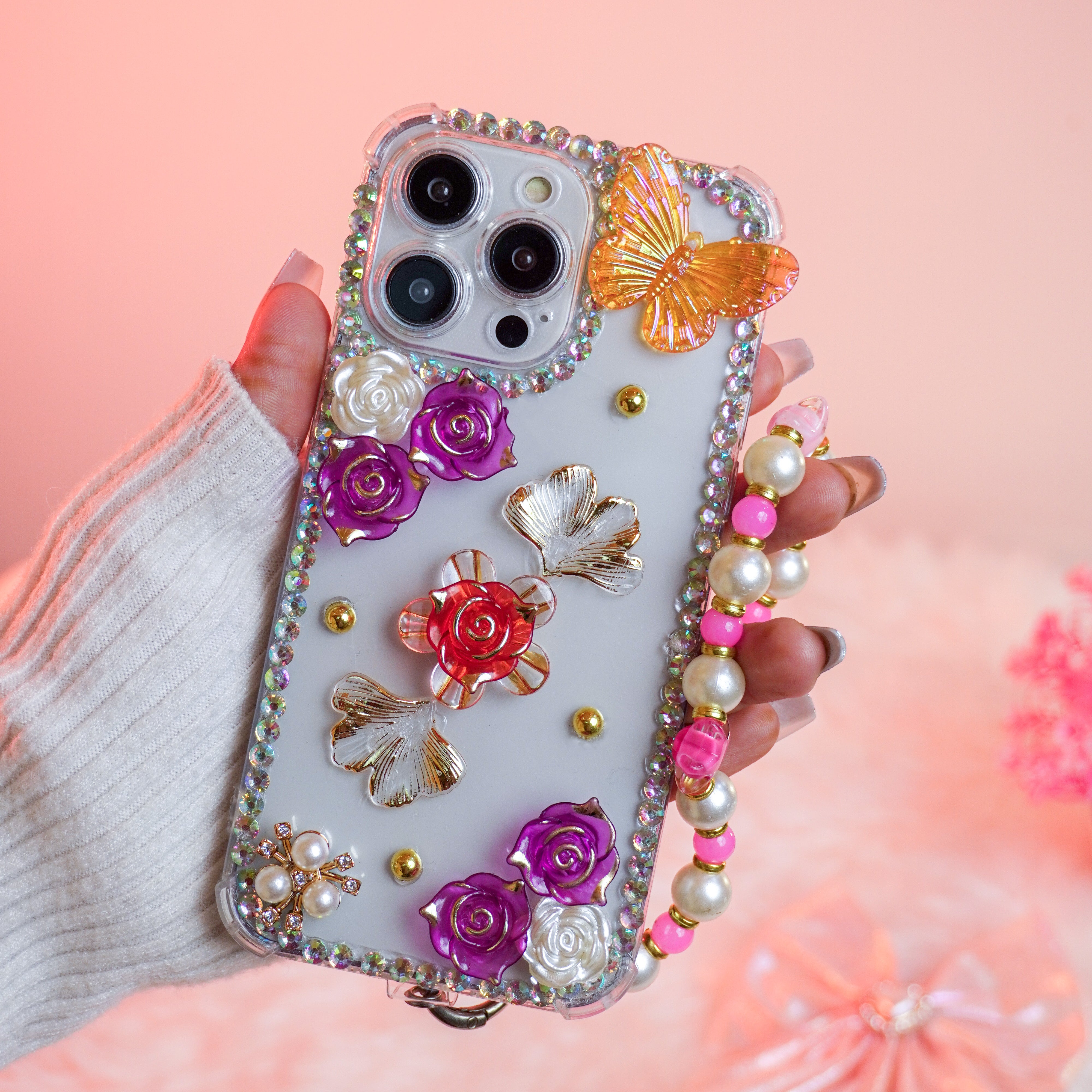Luxury 3D Floral Butterfly Phone Case with Pearl Strap Silicon Phone Case For iPhone 16 Pro Max