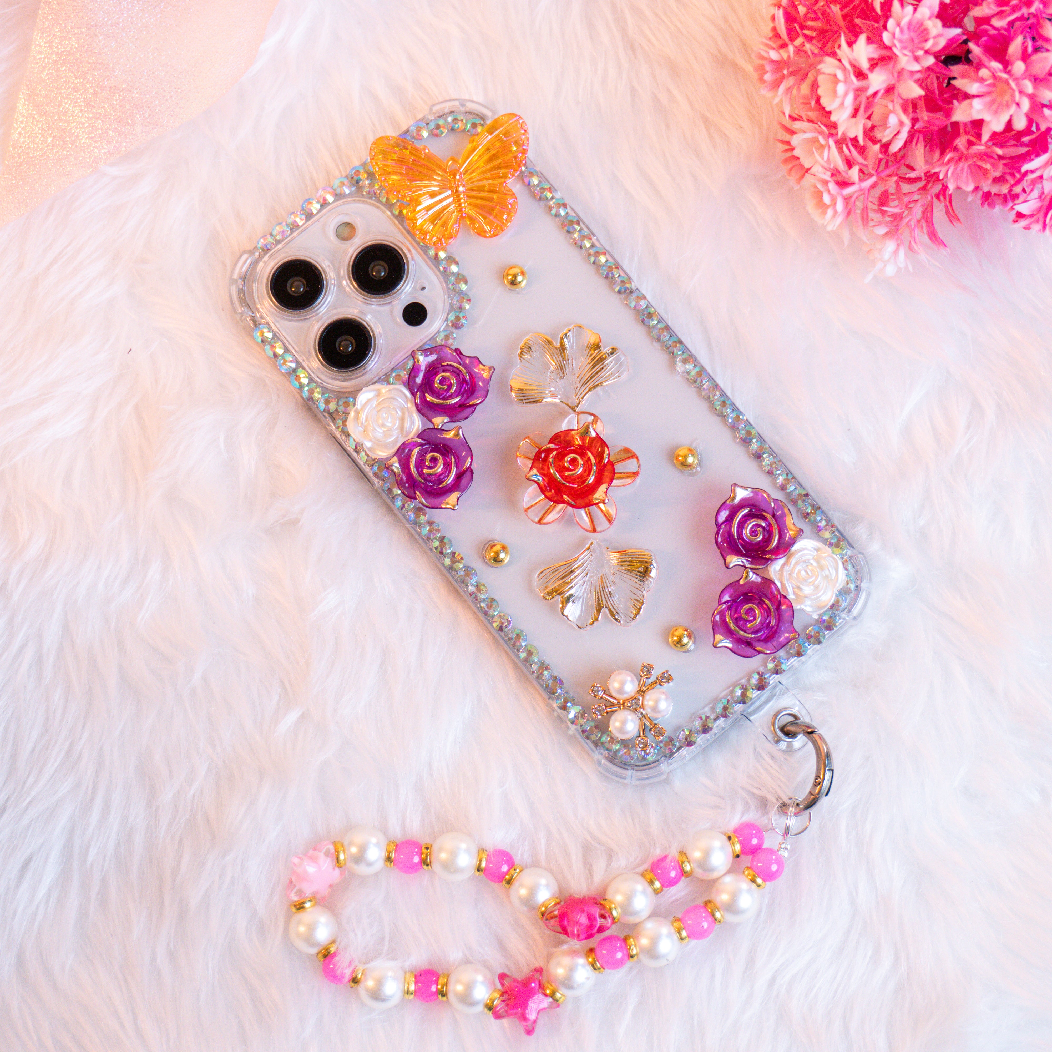 Luxury 3D Floral Butterfly Phone Case with Pearl Strap Silicon Phone Case For iPhone 16 Pro Max