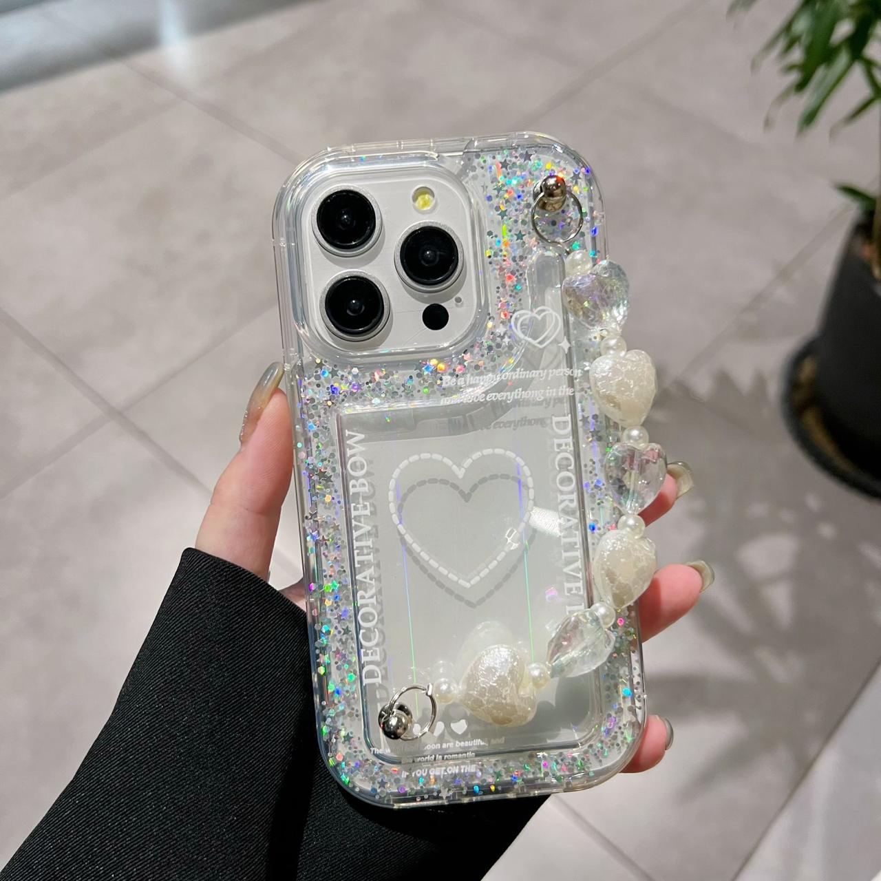 Decorative Bow Glitter Heart With Heart Chain Silicon Phone Cases For iPhone 15 Pro