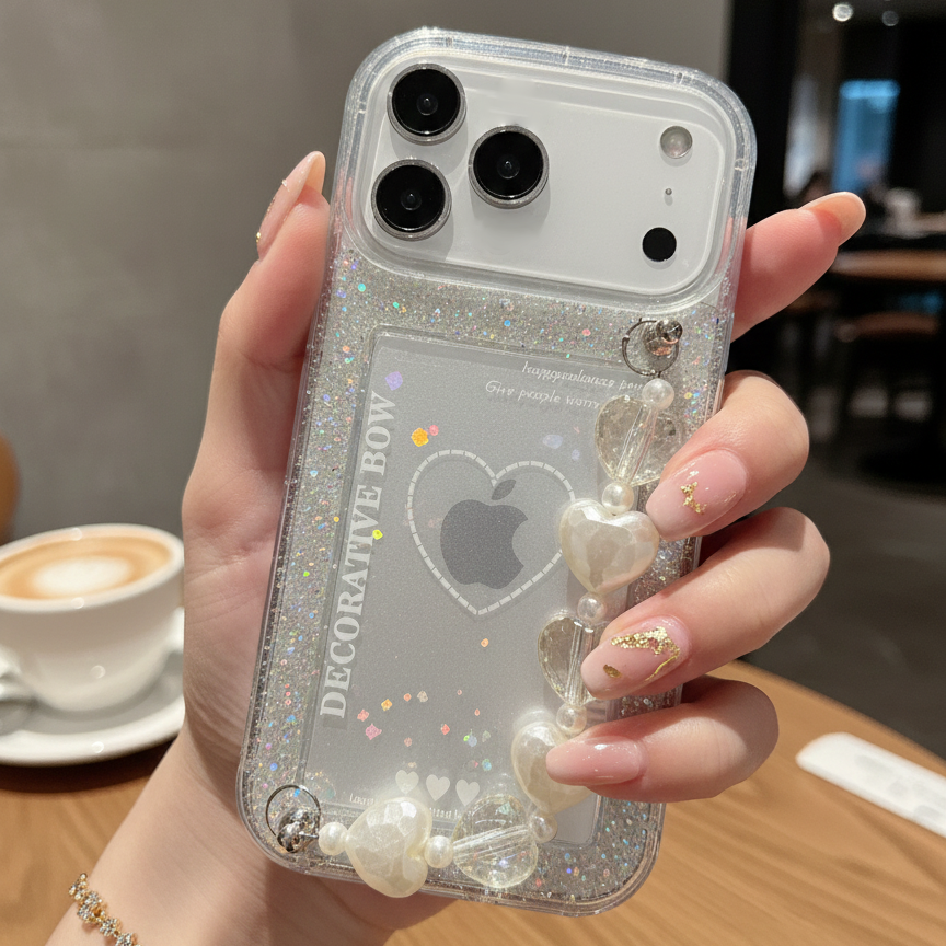 Decorative Bow Glitter Heart With Heart Chain Silicon Phone Cases For iPhone 17 Pro Max